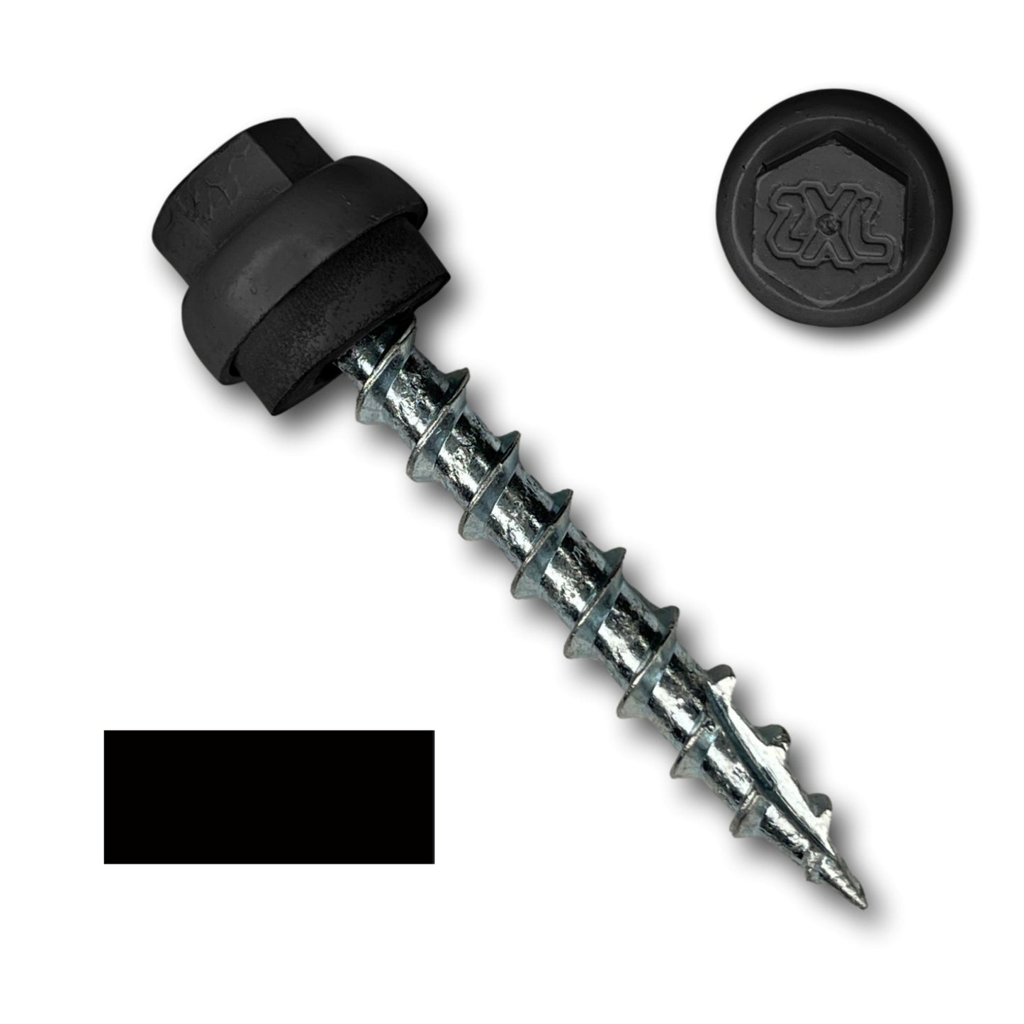 A Perma Cover #12 x 1.5" ZXL Dome Cap Metal Roofing Screws (Metal-to-Wood) - 250 Pack is designed for fastening metal-to-wood applications. It is accompanied by a matching black ZXL Dome Cap that likely covers the head for aesthetic or protective purposes.