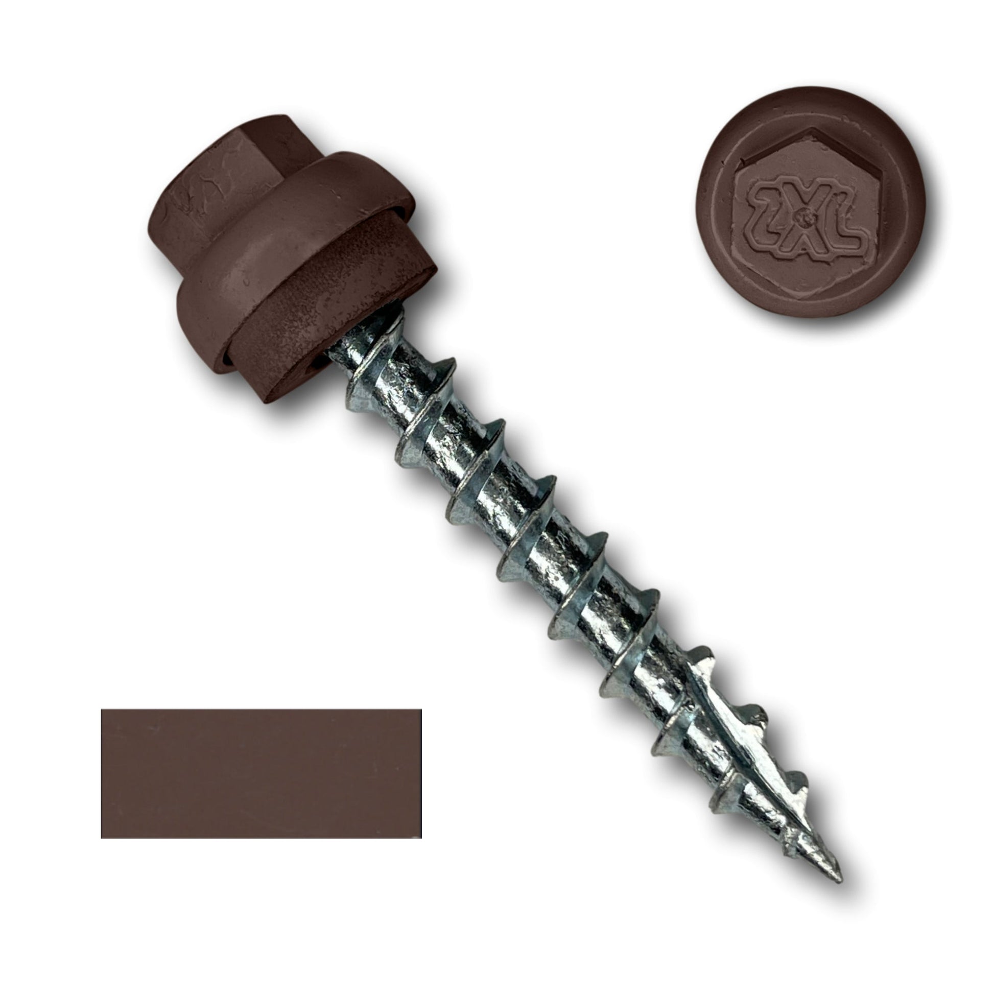 A close-up image of a shiny, silver-colored wood screw with a brown hexagonal head and washer. The screw tip is pointed, and the threads are sharp. A brown Perma Cover #12 x 1.5" ZXL Dome Cap Metal Roofing Screw (Metal-to-Wood) - 250 Pack and a rectangular piece of brown material are displayed nearby, ideal for metal-to-wood applications like metal roofing screws.