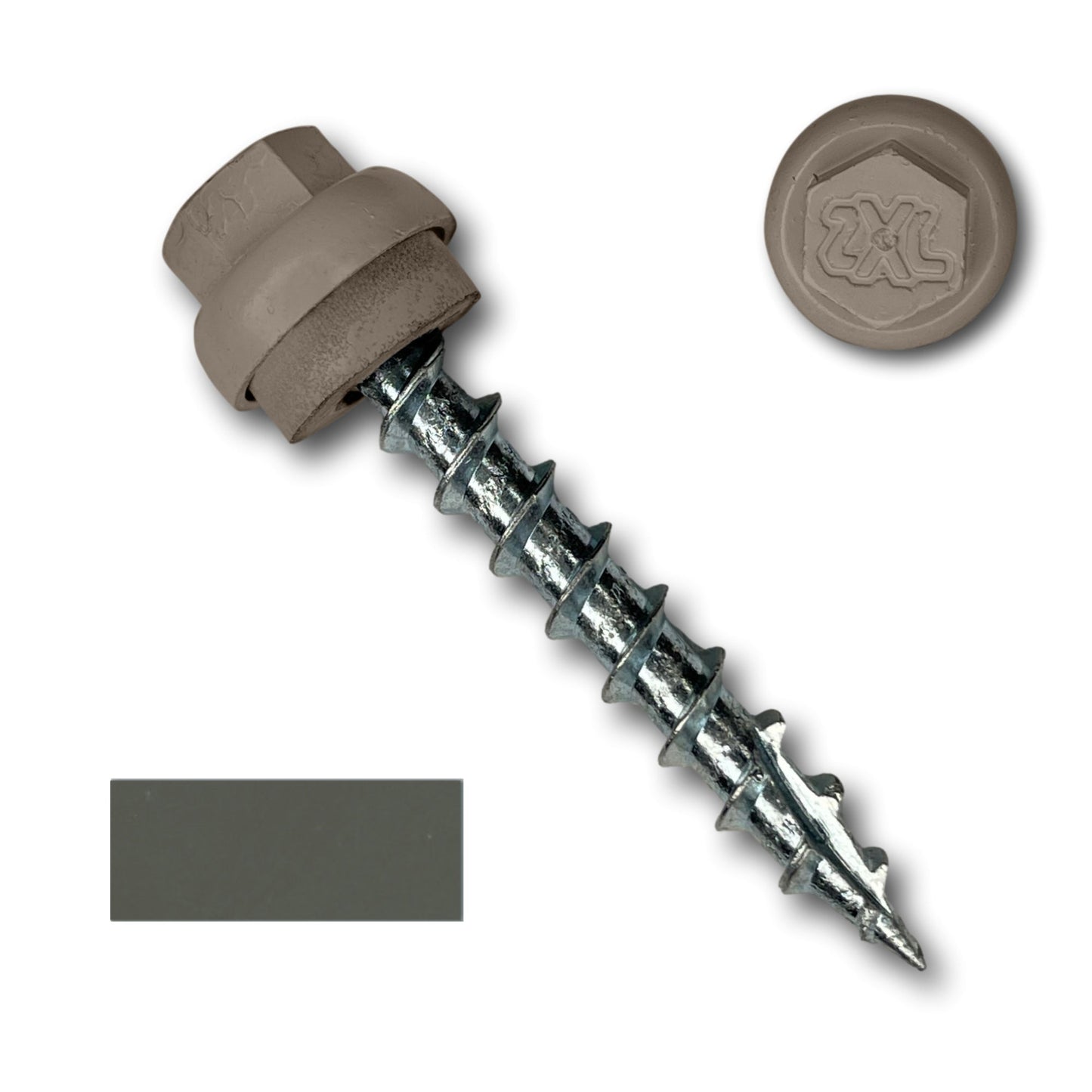 A close-up image of a silver metal screw with jagged threads, paired with a brown washer and Perma Cover #12 x 1.5" ZXL Dome Cap Metal Roofing Screws (Metal-to-Wood) - 250 Pack. The cap is embossed with a logo. To the left of the screw, there is a small rectangular swatch of a similar brown color, ideal for metal-to-wood applications and metal roofing screws.