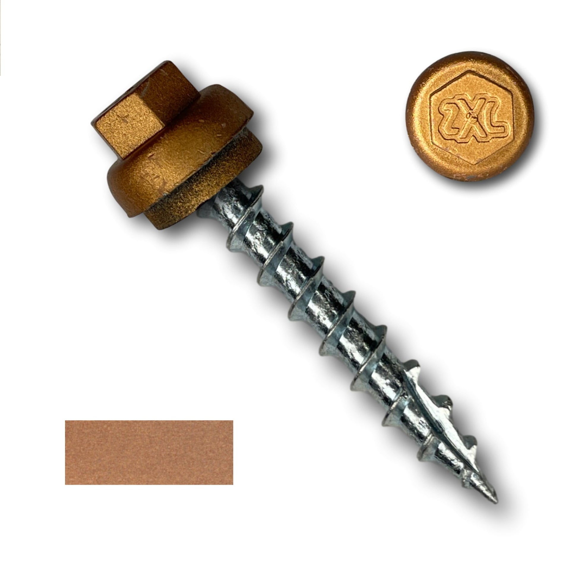 A #12 x 1.5" ZXL Dome Cap Metal Roofing Screws (Metal-to-Wood) - 250 Pack by Perma Cover with a hexagonal brown head, showcasing the ZXL Dome Cap, and a silver threaded body is displayed on a white background. The screw has a washer attached beneath the head. To the right, a close-up of the screw head highlights a raised "2XL" logo. A small brown rectangular swatch sits at the bottom left.