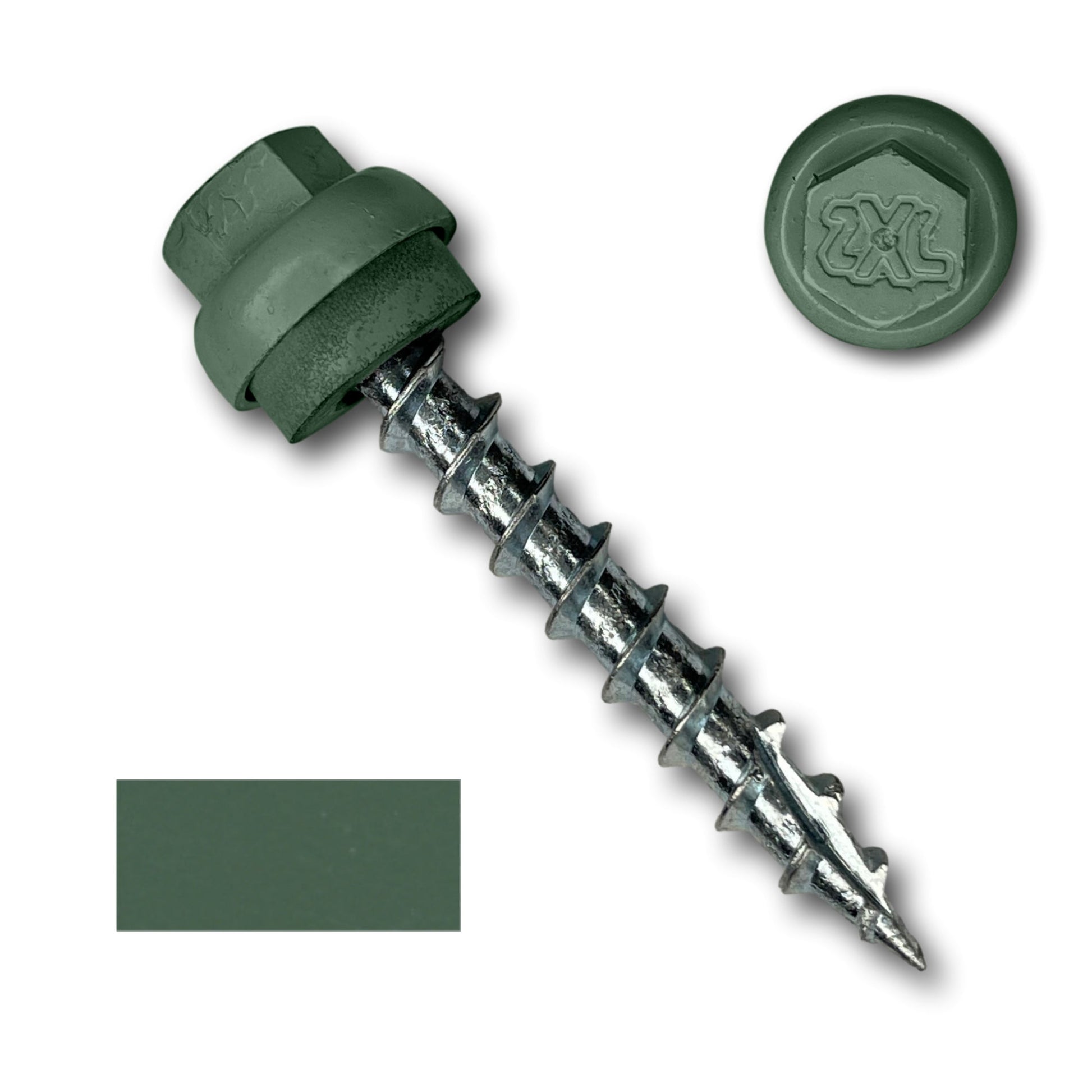 A close-up image of a green-coated screw with a hexagonal head designed for #12 x 1.5" ZXL Dome Cap Metal Roofing Screws (Metal-to-Wood) - 250 Pack by Perma Cover. The screw has a silver, threaded body with a sharp tip. Adjacent to it is a detached ZXL Dome Cap with an embossed "XL" logo. A rectangular swatch of the same green color is also included.