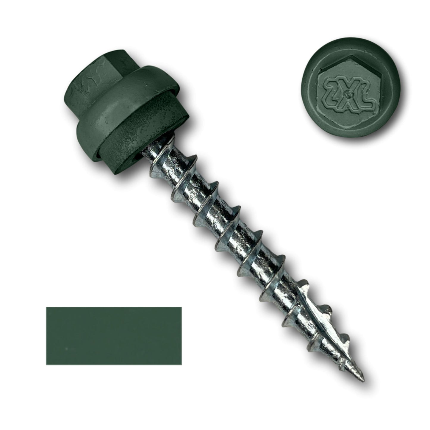 A green-coated screw, ideal for metal-to-wood applications, features a wide, ridged head and a tapered, threaded shaft. The screw is displayed against a white background with a separate close-up view of the head and a dark green color swatch beside it. Perfect for use as **#12 x 1.5" ZXL Dome Cap Metal Roofing Screws (Metal-to-Wood) - 250 Pack** by **Perma Cover**.