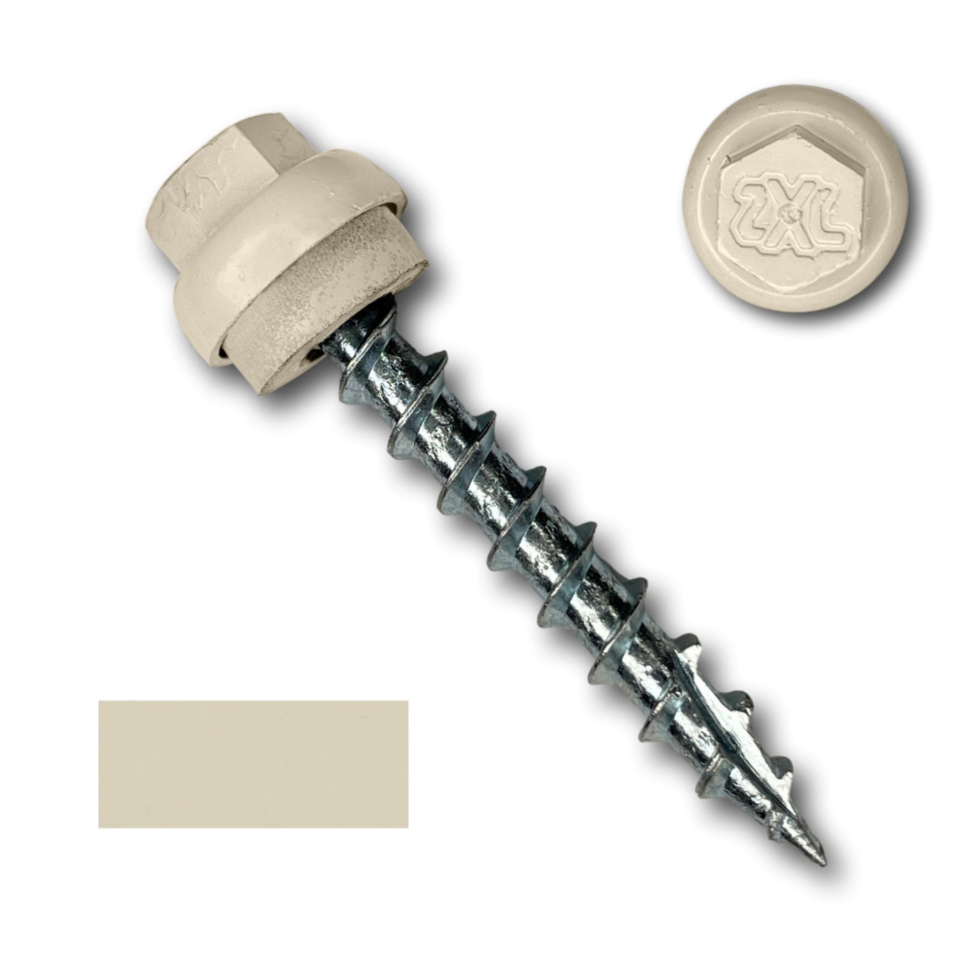 A close-up of a #12 x 1.5" ZXL Dome Cap Metal Roofing Screw (Metal-to-Wood) from Perma Cover with a hex head, rubber washer, and a beige ZXL Dome Cap is shown separately in the upper right corner, displaying its interior detail. A small beige color swatch is shown in the lower left corner, ideal for metal-to-wood applications.