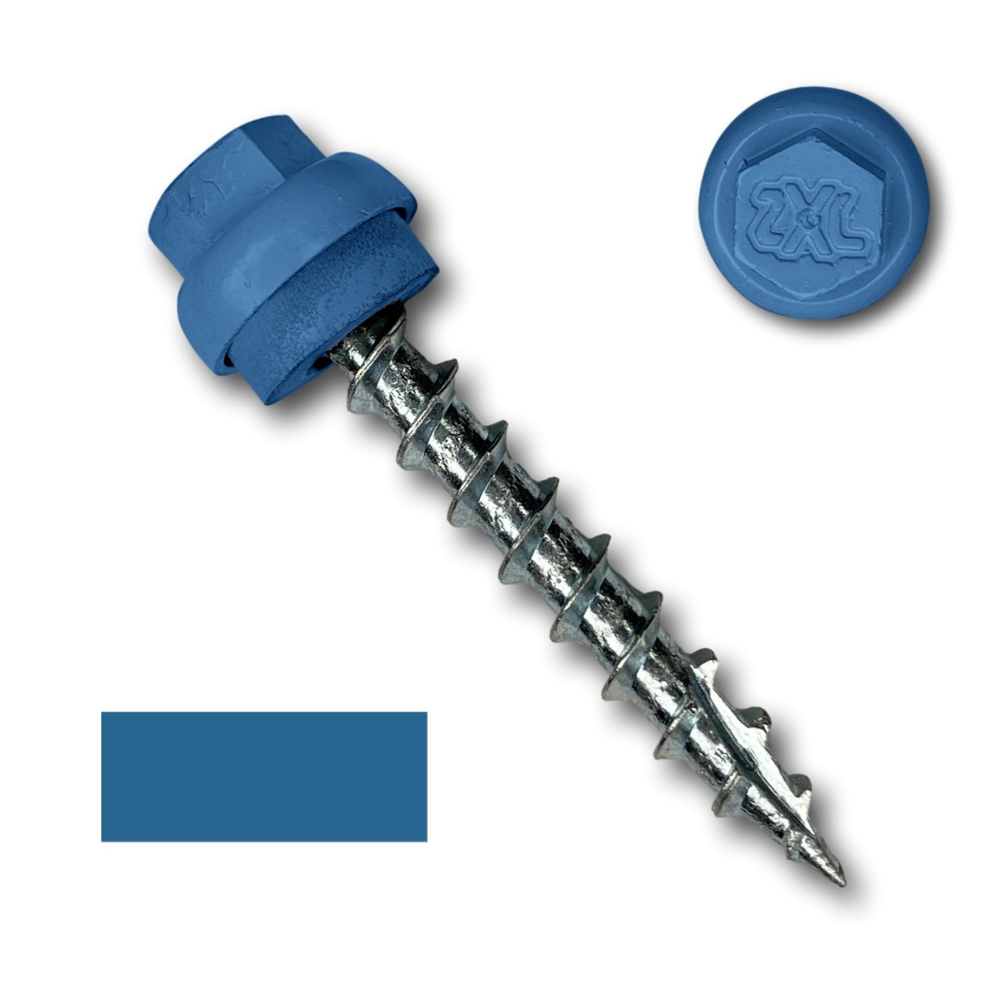 A close-up image of a metal screw with a blue hexagonal cap and washer, ideal for metal-to-wood applications. The set also includes a matching blue circular Perma Cover #12 x 1.5" ZXL Dome Cap Metal Roofing Screws (Metal-to-Wood) - 250 Pack with a raised logo on its surface. A swatch of the same shade of blue is also displayed in the image.
