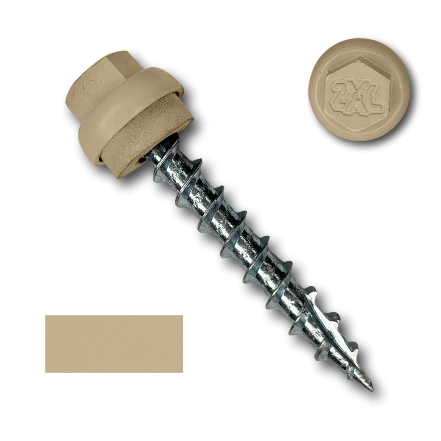 A single #12 x 1.5" ZXL Dome Cap Metal Roofing Screw (Metal-to-Wood) from Perma Cover with a beige hexagonal cap, accompanied by a matching beige ZXL Dome Cap and a beige color swatch. The cap features a decorative embossed design.