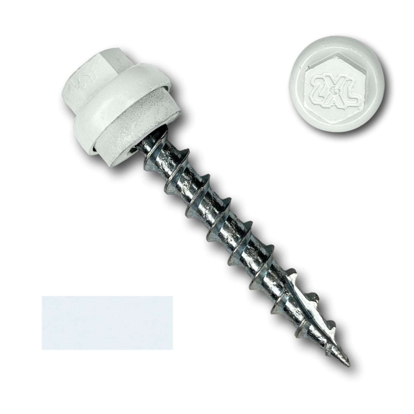 A Perma Cover #12 x 1.5" ZXL Dome Cap Metal Roofing Screw (Metal-to-Wood) from the 250 pack is shown against a plain white background. There is also a separate, close-up view of the screw's hexagonal head, displaying an engraved design or logo on it. Ideal for metal-to-wood applications, this versatile hardware piece ensures lasting durability.