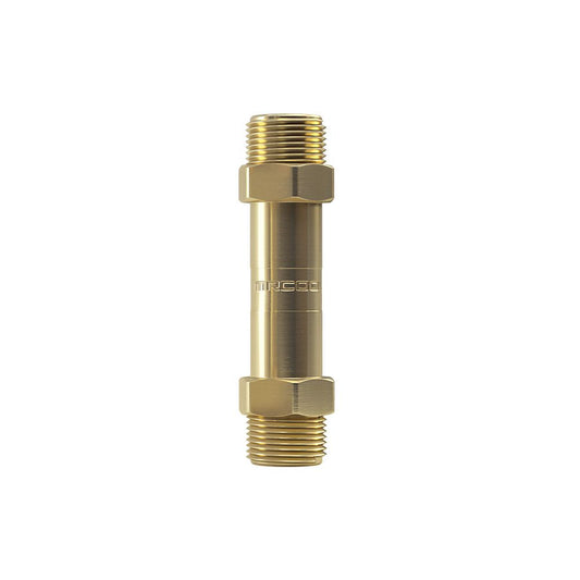 A 1/4" quick connector for MrCool Individual Coupler with hexagonal nuts in the middle and threaded ends on both sides. The surface is smooth and polished, with the brand name "MRCOOL DIY Direct" engraved around the center. Ideal for HVAC systems like MrCool DIY, the connector is centered on a white background.