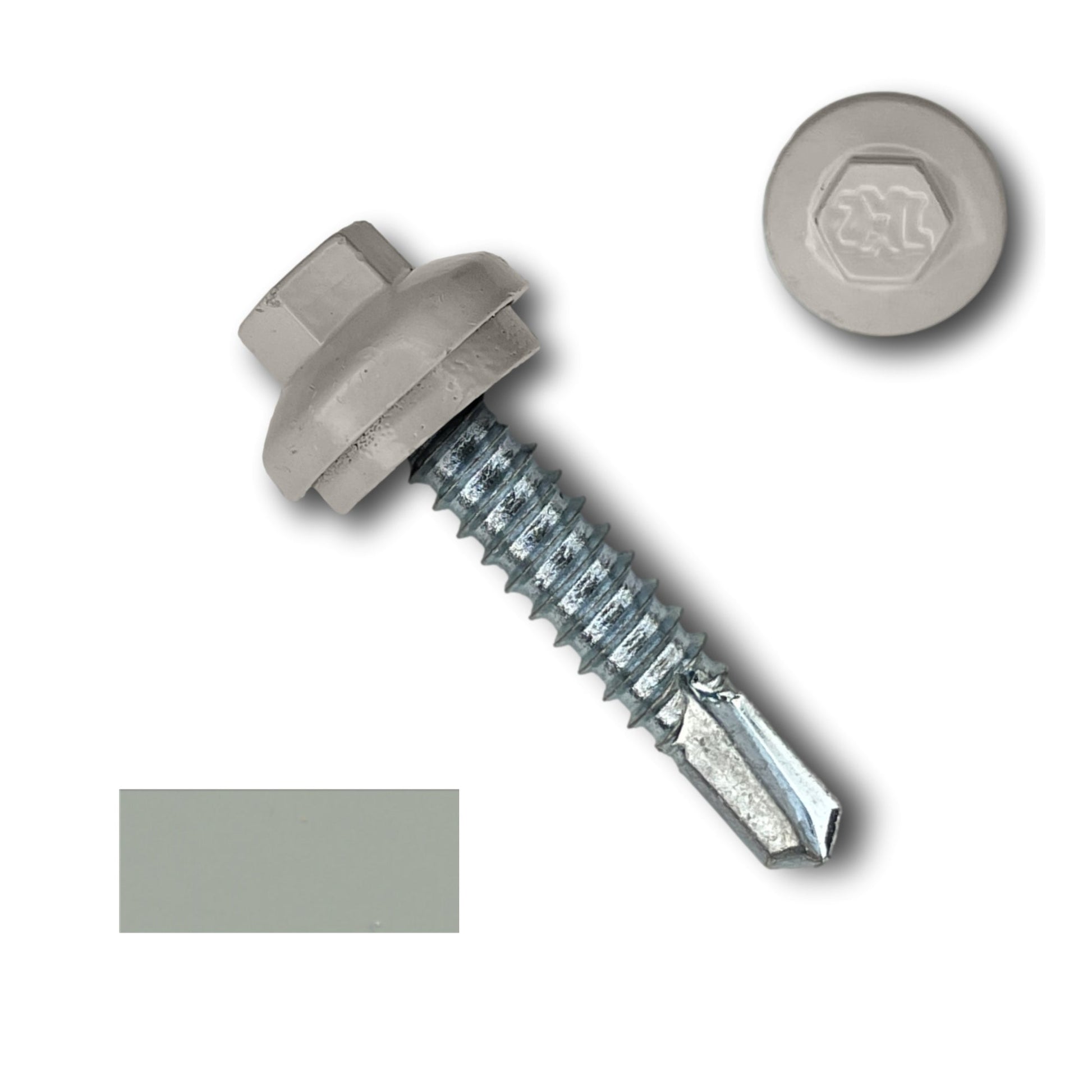 A Perma Cover #14 x 1.25" ZXL Dome Cap Metal Building Screw (Metal-to-Metal), Self-Drilling - 250, 500, or 1000 Pack featuring a rubber washer, a sharp pointed tip, and threading along the shaft. The screw is positioned next to a separate image showing a top-down view of the hex head. A swatch of grey color is displayed in the image corner.