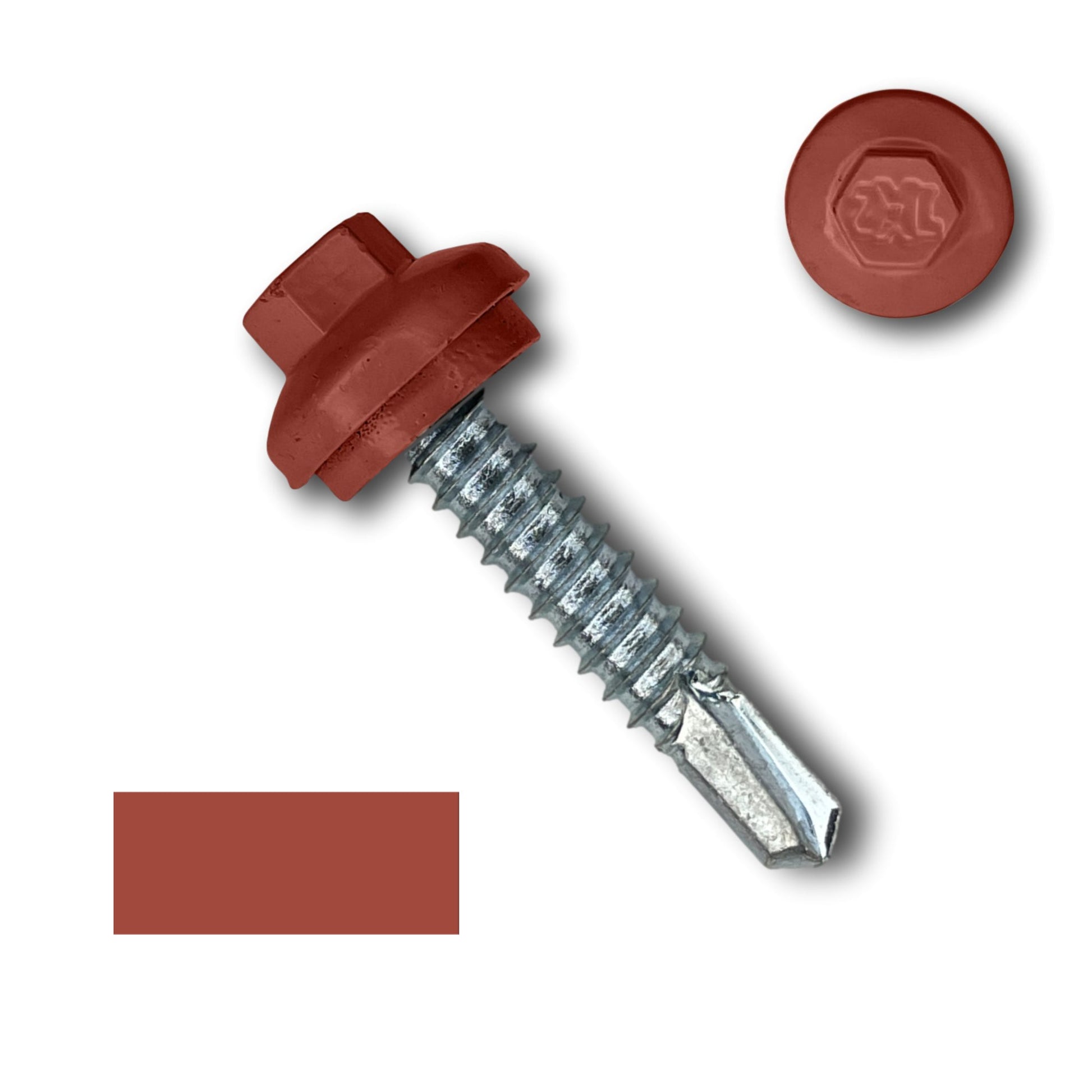 A red Perma Cover #14 x 1.25" ZXL Dome Cap Metal Building Screws (Metal-to-Metal), Self-Drilling - 250, 500, or 1000 Pack is shown with a zoomed-in view of its head and a matching color swatch to its left. Reminiscent of ZXL Dome Cap, the screw has a metallic threaded body and is topped with a red hexagonal head.