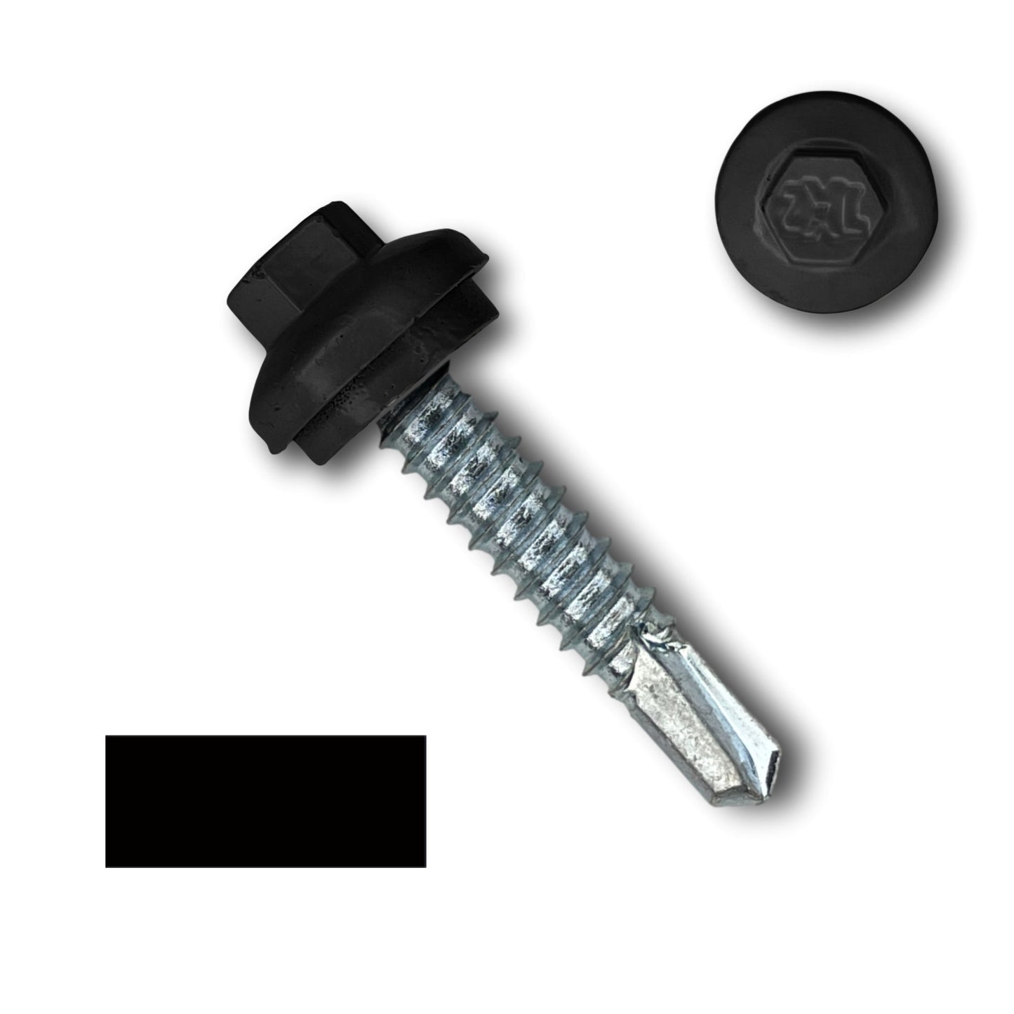 A close-up image of a #14 x 1.25" ZXL Dome Cap Metal Building Screws (Metal-to-Metal), Self-Drilling - 250, 500, or 1000 Pack from Perma Cover with a black hex head and built-in washer. The head features a branded imprint. An additional view of the screw head is displayed separately in the top-right corner. A black rectangular shape is present in the bottom left, suitable for metal building screws.
