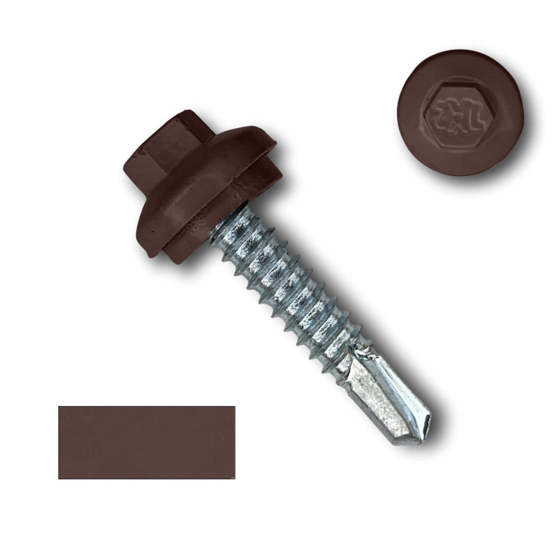 A #14 x 1.25" ZXL Dome Cap Metal Building Screws (Metal-to-Metal), Self-Drilling - 250, 500, or 1000 Pack by Perma Cover with a matching ZXL Dome Cap and a brown rectangular color swatch. The metallic threads on the screw are silver, contrasting with the brown head and cap, making it ideal for metal building screws applications.