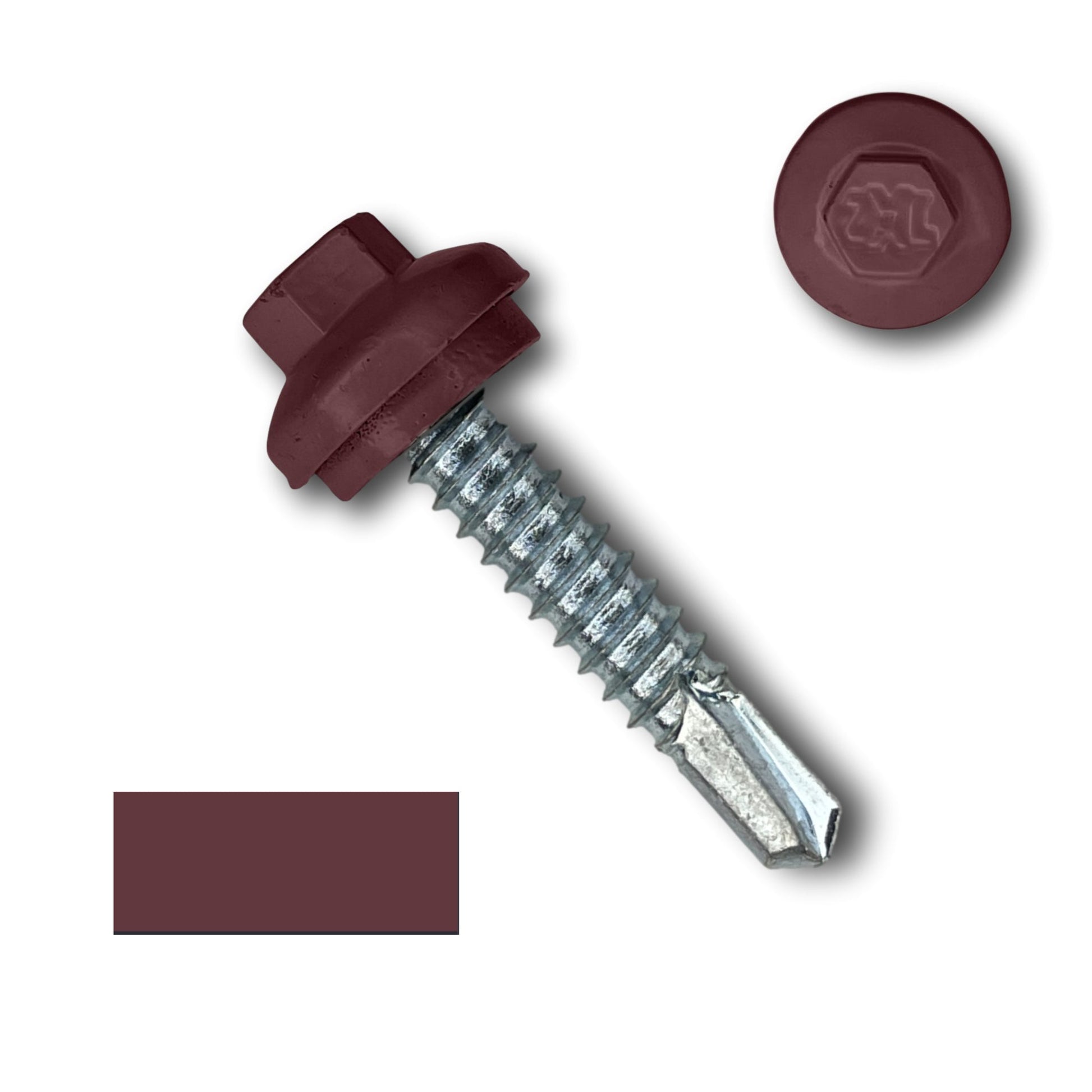 A #14 x 1.25" ZXL Dome Cap Metal Building Screw (Metal-to-Metal), Self-Drilling - 250, 500, or 1000 Pack by Perma Cover with a burgundy-colored painted head. The image shows the threaded part and the sharp drill point. Additionally, a close-up of the screw's head, along with a color swatch matching it, is displayed. Ideal metal building screws for durability and precision.