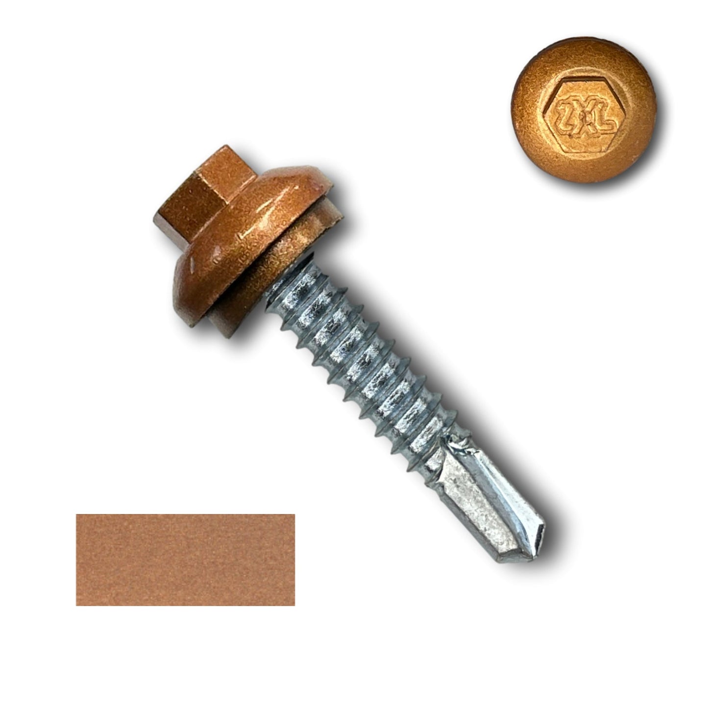 A metallic screw with a hexagonal head and washer, shown with a close-up of the head, and a color swatch matching the head's copper color. The close-up of the head features a logo with "2K" inscribed, similar to other Perma Cover #14 x 1.25" ZXL Dome Cap Metal Building Screws (Metal-to-Metal), Self-Drilling - 250, 500, or 1000 Pack used in metal building projects.