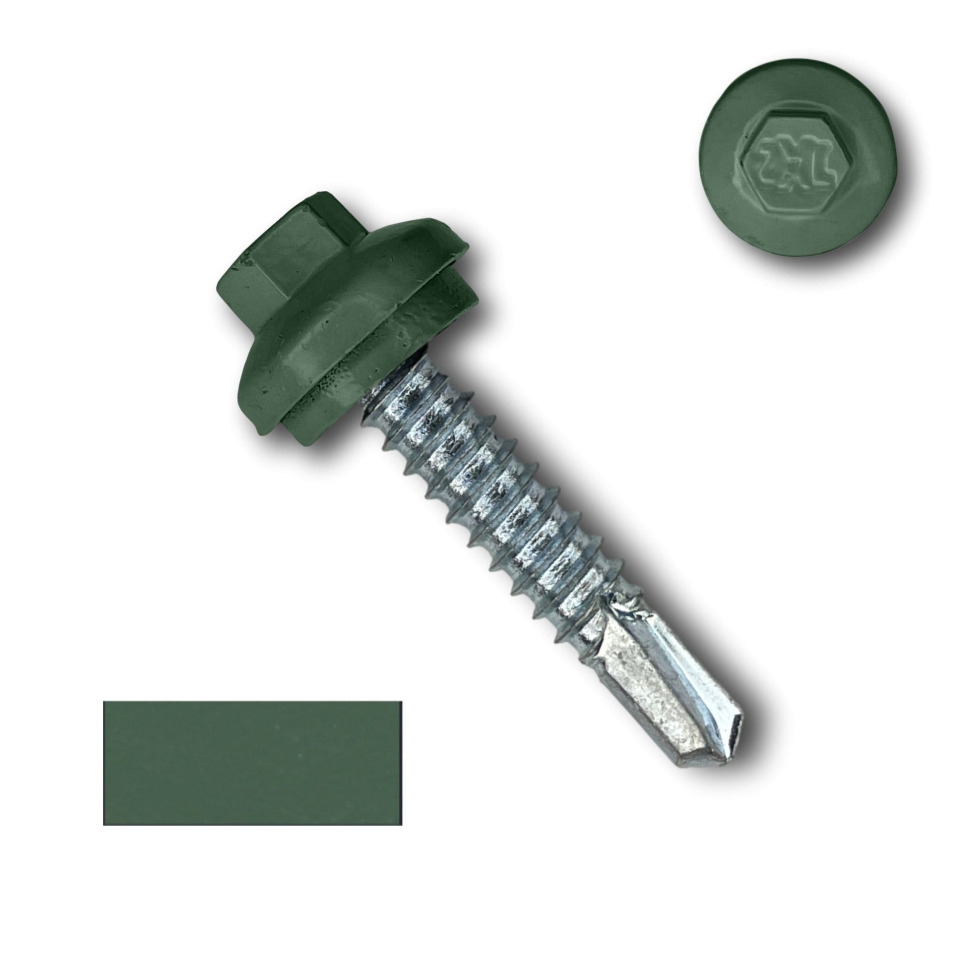 A Perma Cover #14 x 1.25" ZXL Dome Cap Metal Building Screws (Metal-to-Metal), Self-Drilling - 250, 500, or 1000 Pack with a neoprene sealing washer. The self-drilling screw features a drill point tip and a threaded body. The image includes a close-up of the hex head and a color swatch of the green.