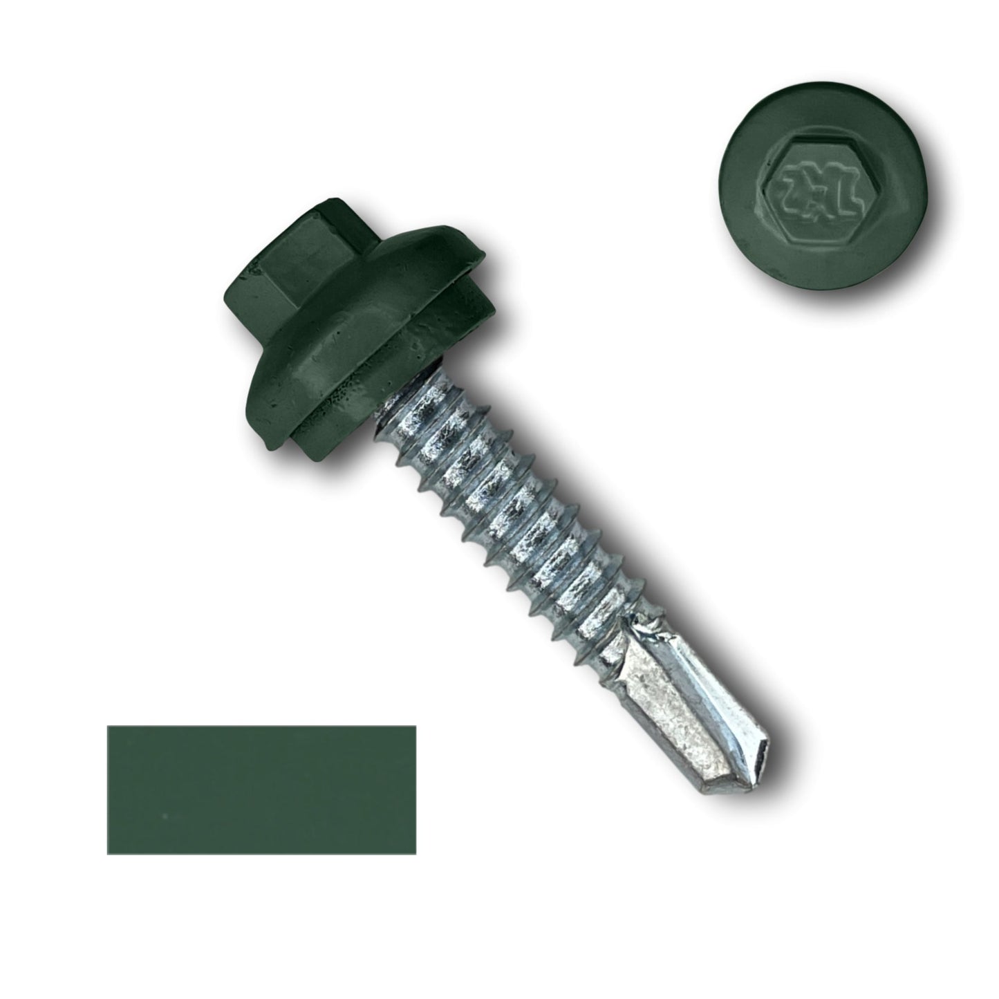 A detailed image of #14 x 1.25" ZXL Dome Cap Metal Building Screws (Metal-to-Metal), Self-Drilling - 250, 500, or 1000 Pack by Perma Cover with a green hexagonal head and a threaded metal body. A close-up of the screw head, often used in metal building screws, and a green color sample are displayed beside it.