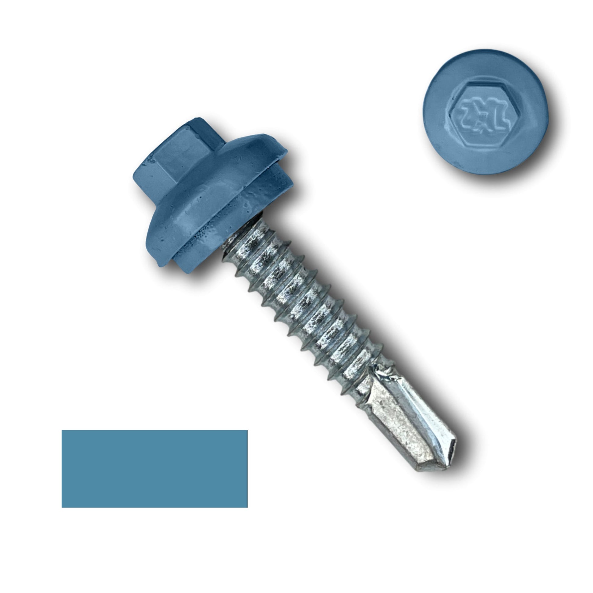 A blue #14 x 1.25" ZXL Dome Cap Metal Building Screw (Metal-to-Metal), Self-Drilling by Perma Cover with a washer is shown in close-up. An additional image inset displays the top view of the screw head, featuring a hexagon shape and a logo imprint. A color swatch matching the screw's head is also displayed to the left, ideal for metal building screws available in packs of 250, 500, or 1000.