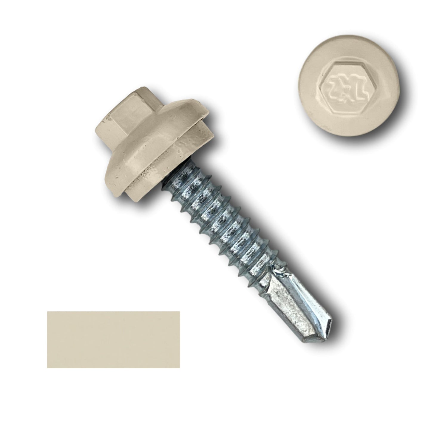 A close-up image of a #14 x 1.25" ZXL Dome Cap Metal Building Screws (Metal-to-Metal), Self-Drilling - 250, 500, or 1000 Pack with a beige-colored head and washer attached. A separate ZXL Dome Cap from Perma Cover and a color swatch matching the head of the screw are also shown. The self-drilling screw has a pointed end and metallic threading.