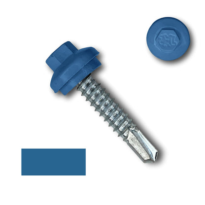 A metallic screw with a blue hexagonal head and sharp threaded body, known as the #14 x 1.25" ZXL Dome Cap Metal Building Screws (Metal-to-Metal), Self-Drilling - 250, 500, or 1000 Pack by Perma Cover. The head also features a rubber washer for sealing and comes with a drill bit tip. There is a close-up of the screw head and a color swatch matching the blue of the head, perfect for metal building projects.