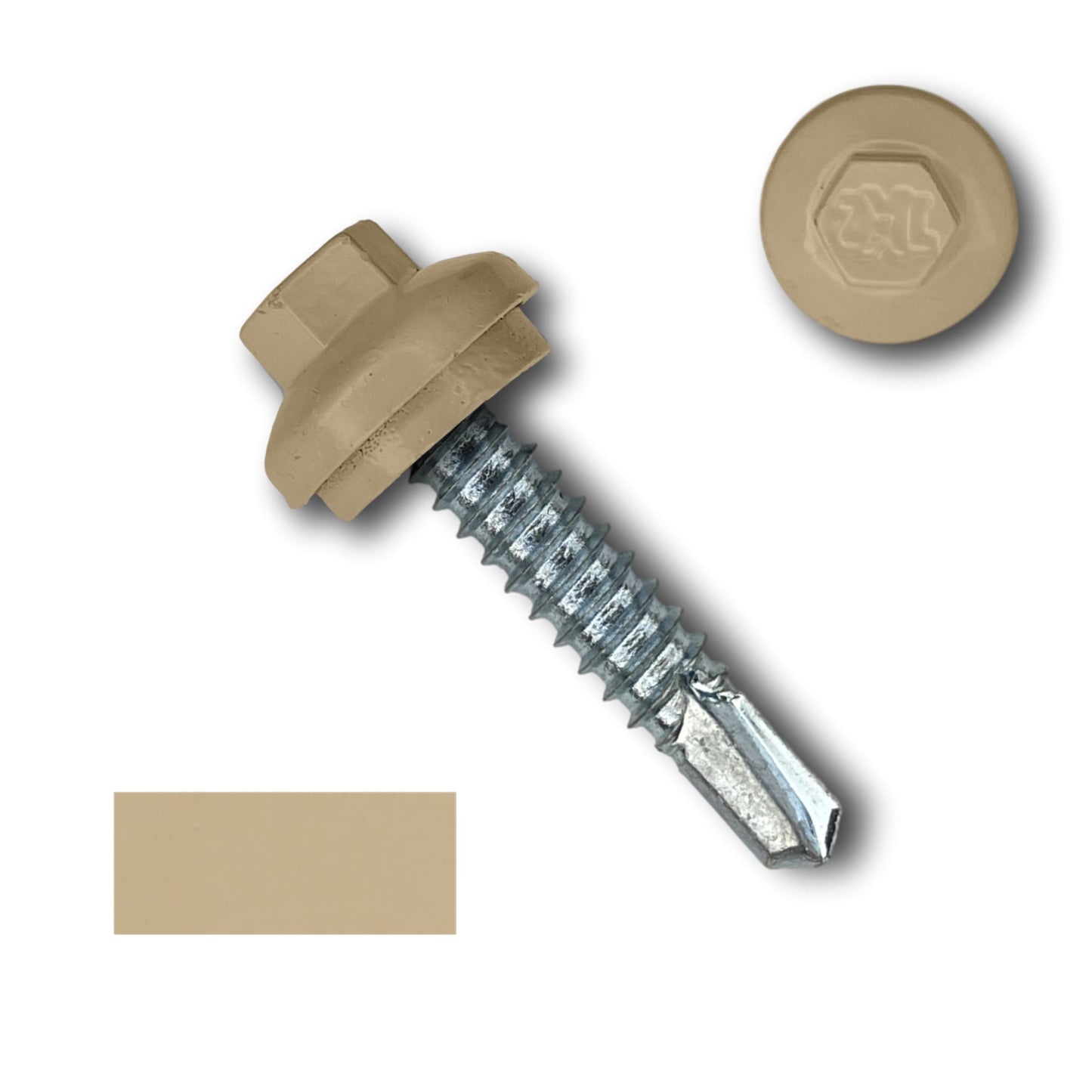 A #14 x 1.25" ZXL Dome Cap Metal Building Screw (Metal-to-Metal), Self-Drilling - 250, 500, or 1000 Pack with a tan coating from Perma Cover. The screw has a sharp pointed end and an integrated washer under the hex head. Also shown is a detached ZXL Dome Cap and a rectangular sample of the same tan color, making it ideal for use as metal building screws.

