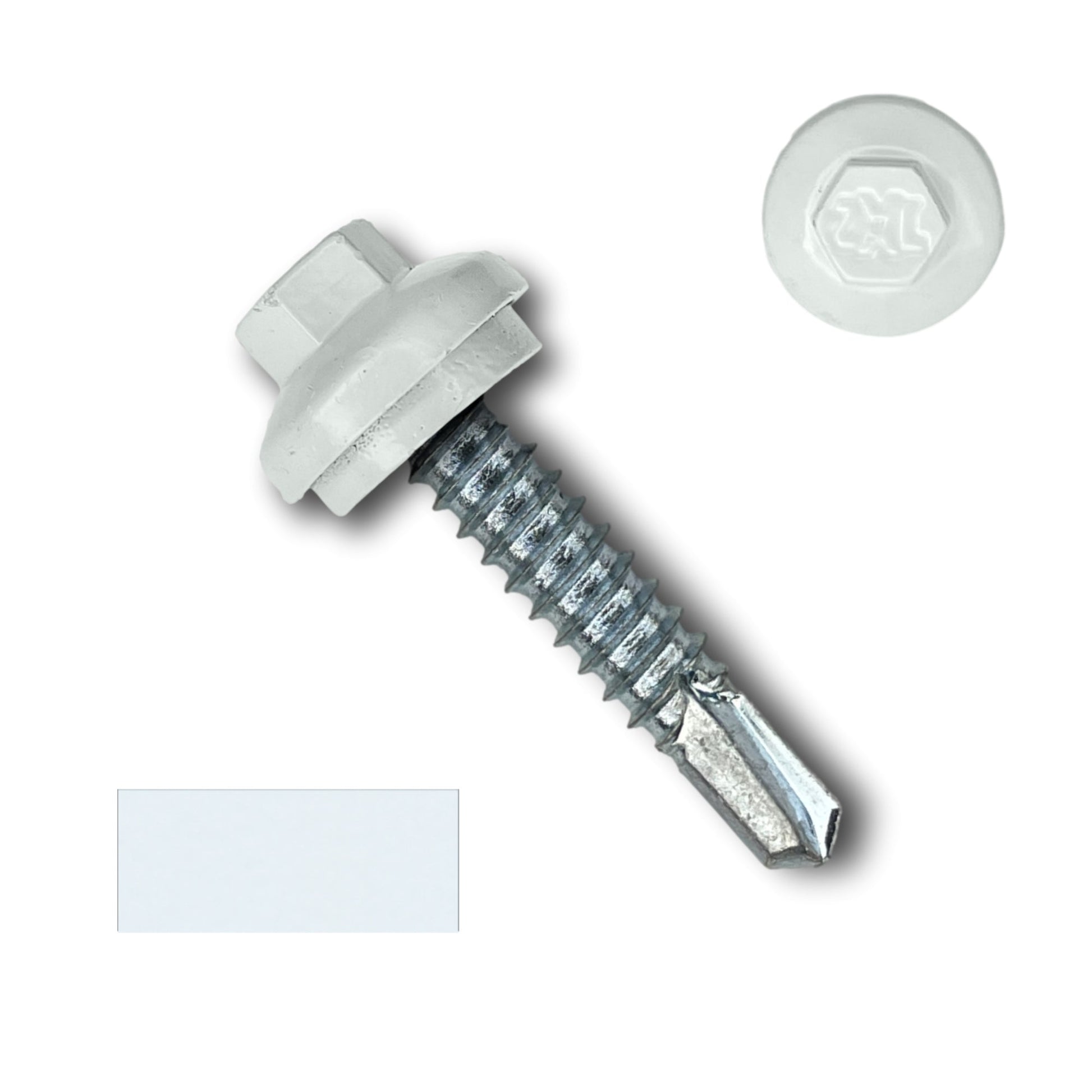 A Perma Cover #14 x 1.25" ZXL Dome Cap Metal Building Screw (Metal-to-Metal), Self-Drilling, shown alongside a loose ZXL Dome Cap. The screw and cap are placed on a white background.
