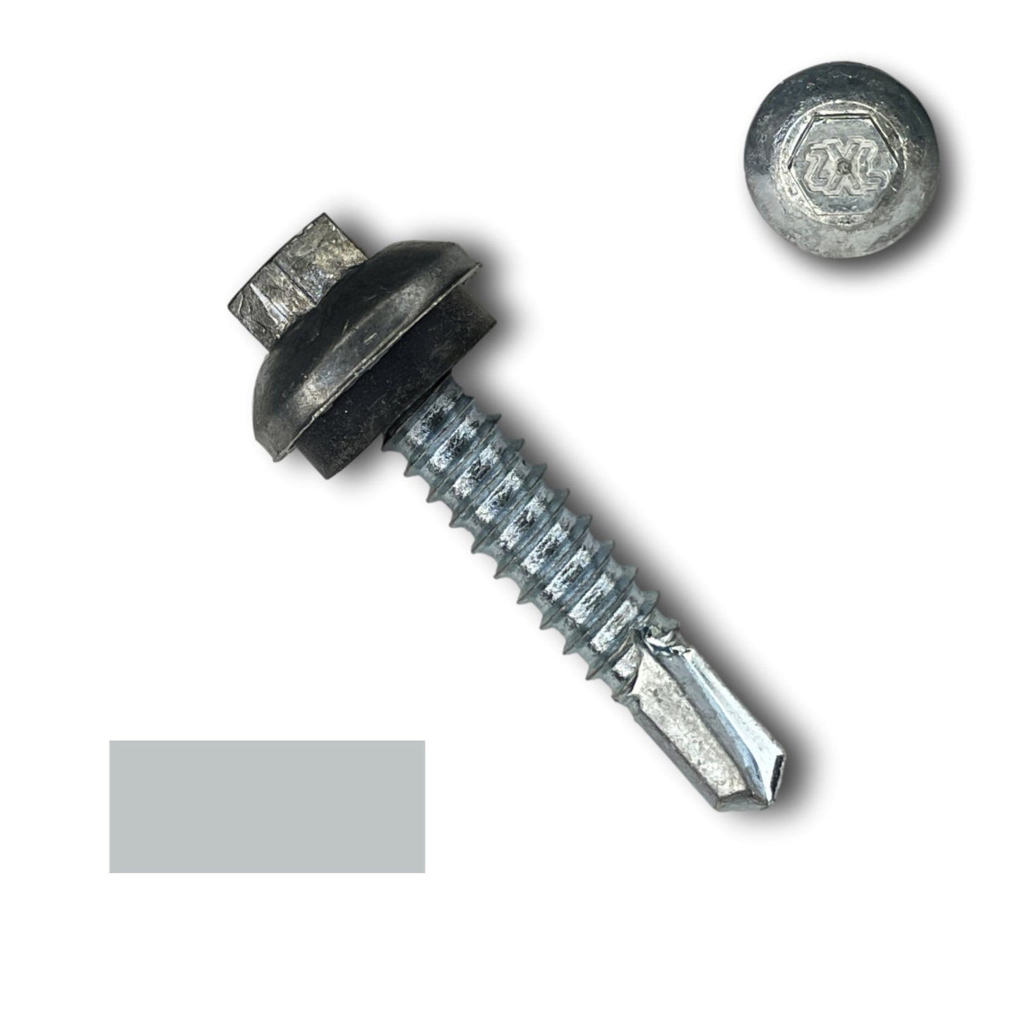 A Perma Cover #14 x 1.25" ZXL Dome Cap Metal Building Screw (Metal-to-Metal), Self-Drilling - 250, 500, or 1000 Pack is displayed against a white background. The details of the self-drilling screw head are shown in a separate close-up view above it.