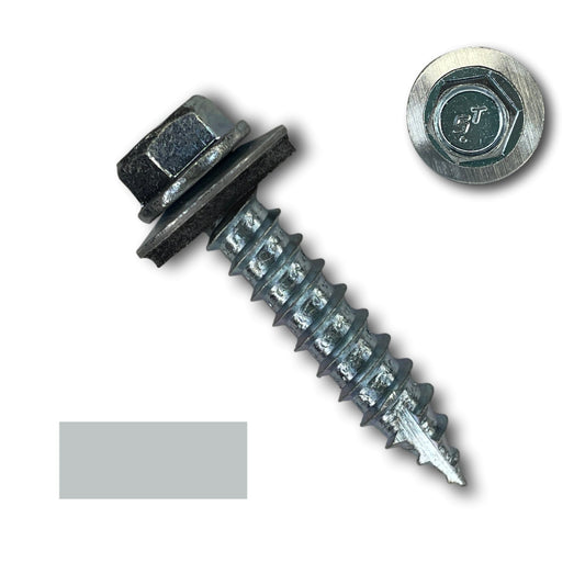 A self-tapping metal screw with a hexagonal head and attached washer, ideal for #14 Metal Roofing Screws (Metal-to-Wood) - Oversized Rescue Screw, 250 Pack by Perma Cover, is displayed diagonally. A close-up view shows the hexagonal head featuring an embossed marking. A gray color swatch is positioned beside the screw.