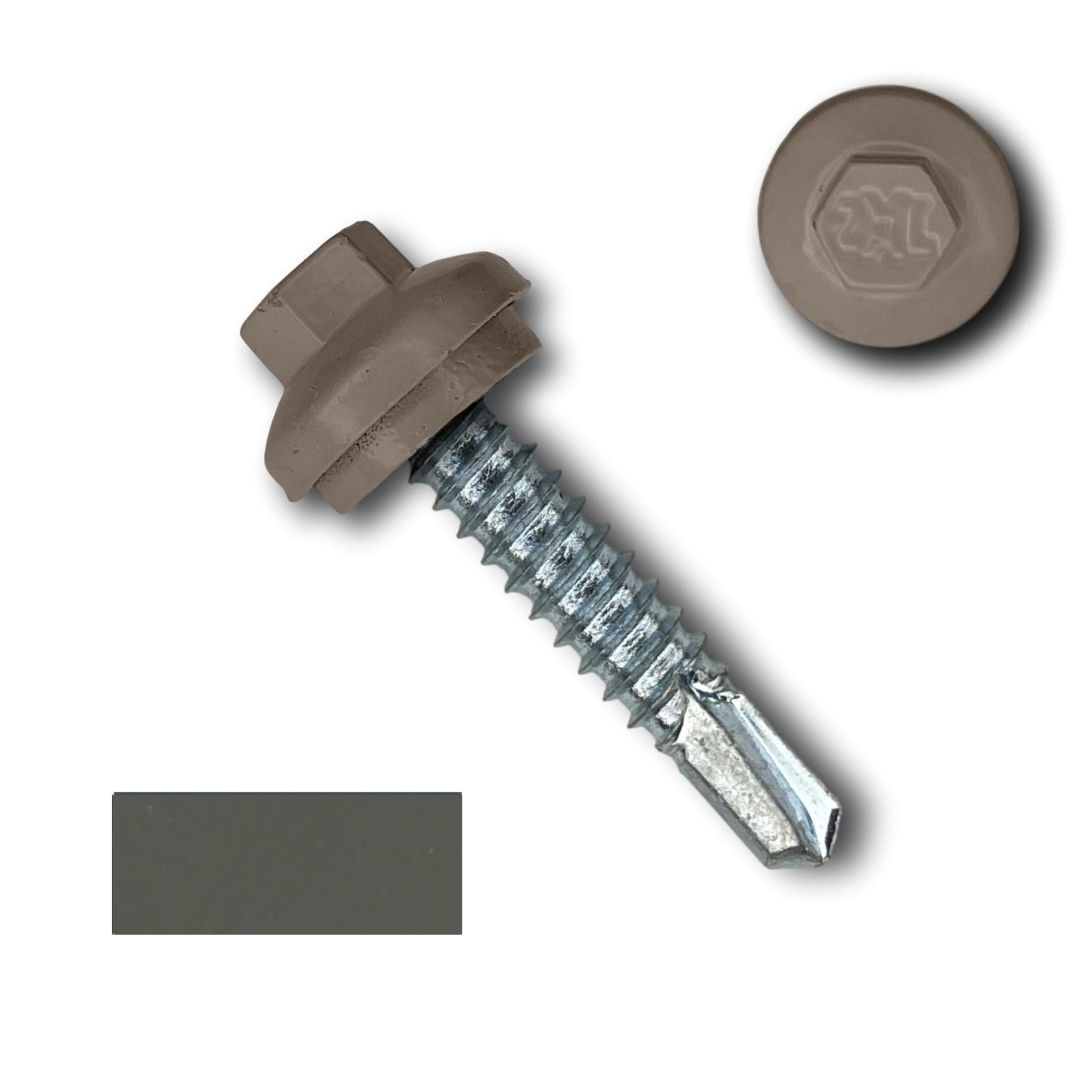 A #14 x 1.25" ZXL Dome Cap Metal Building Screw (Metal-to-Metal), Self-Drilling from Perma Cover with a brown hex washer head is displayed against a white background. Next to the self-drilling screw, there is a close-up of the brown hex washer head and a small rectangular sample of the same brown color.