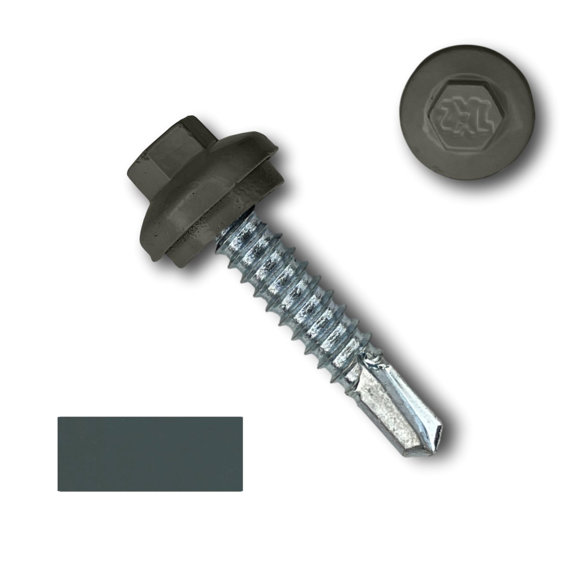 A close-up image of a Perma Cover #14 x 1.25" ZXL Dome Cap Metal Building Screw (Metal-to-Metal), Self-Drilling - 250, 500, or 1000 Pack with a black washer. To the upper right of the screw is a view of the head showing a hexagonal pattern. To the lower left is a small rectangular swatch, likely representing the screw's finish, commonly seen in metal building screws.