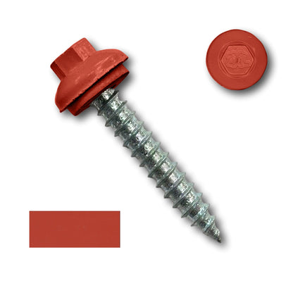 A red hex head screw with a washer for metal roofing screws. To its side, there is a #14 x 1.5" ZXL Dome Cap Metal Roofing Screw (Metal-to-Wood), High-Quality - 250 Pack featuring a logo, and below, a red rectangular color swatch is shown for comparison. The screw has a shiny, metallic threaded shaft suitable for metal-to-wood applications by Perma Cover.