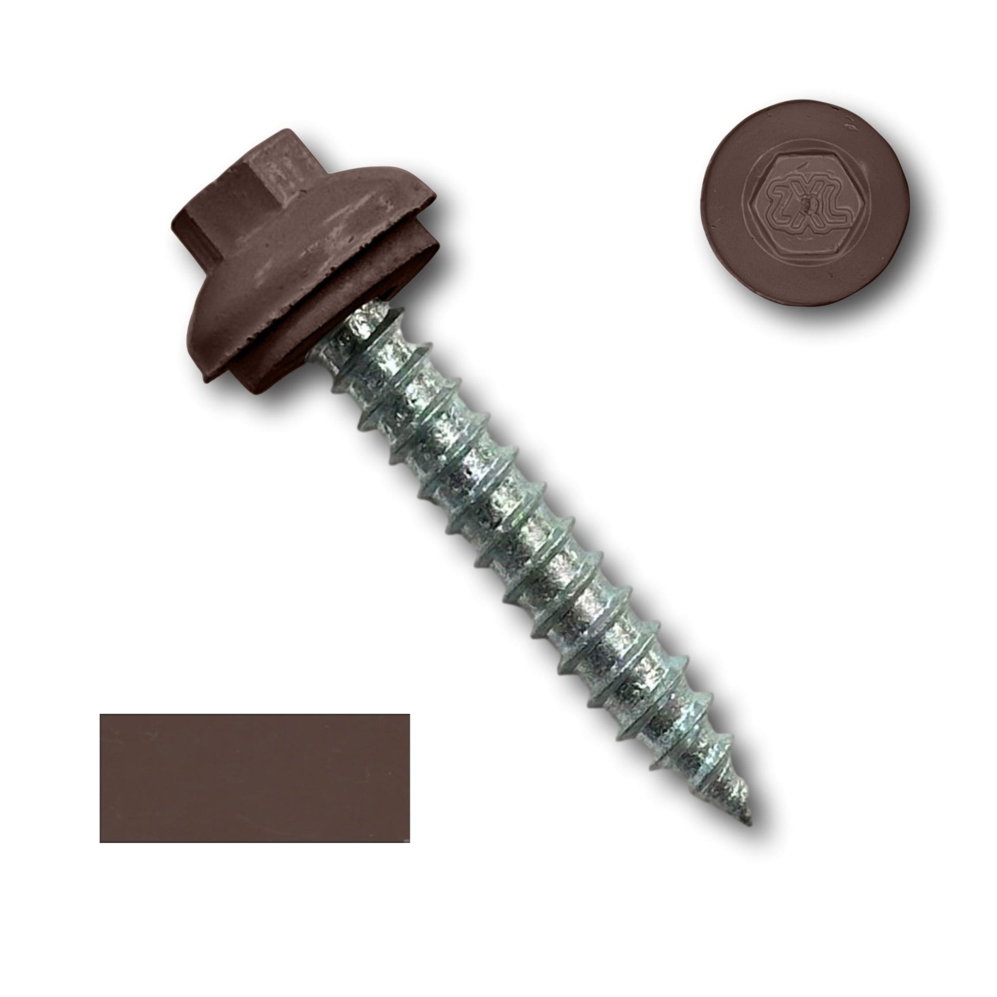 Close-up of a #14 x 1.5" ZXL Dome Cap Metal Roofing Screw (Metal-to-Wood), High-Quality - 250 Pack by Perma Cover with a hexagonal head and brown rubber washer. Positioned above the #14 x 1.5" ZXL Dome Cap is a round brown cap. To the left of the screw are a brown rectangle and a separate round brown object with an embossed pattern.