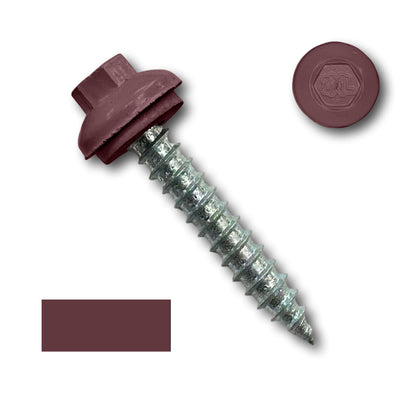 A #14 x 1.5" ZXL Dome Cap Metal Roofing Screw (Metal-to-Wood), High-Quality - 250 Pack from Perma Cover with a brown hexagonal head and attached washer is shown, ideal for metal-to-wood applications. Next to the screw is a separate 5/16" ZXL dome cap and a square sample of the same brown color. The screw features a pointed tip and spiral threading, making it perfect for metal roofing screws.