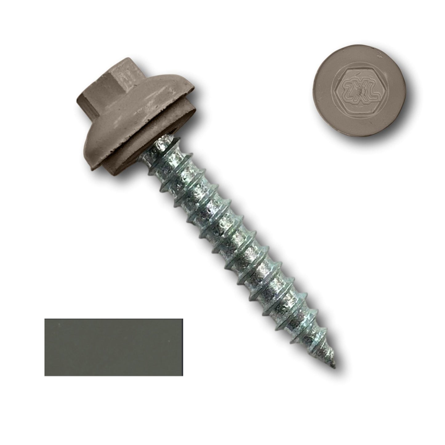 A silver, threaded screw with a grey hexagonal head and washer alongside a round grey 5/16" ZXL Dome Cap. Below, there is a small rectangular sample displaying the same grey color as the head and cap, ideal for metal-to-wood applications like Perma Cover #14 x 1.5" ZXL Dome Cap Metal Roofing Screw (Metal-to-Wood), High-Quality - 250 Pack.