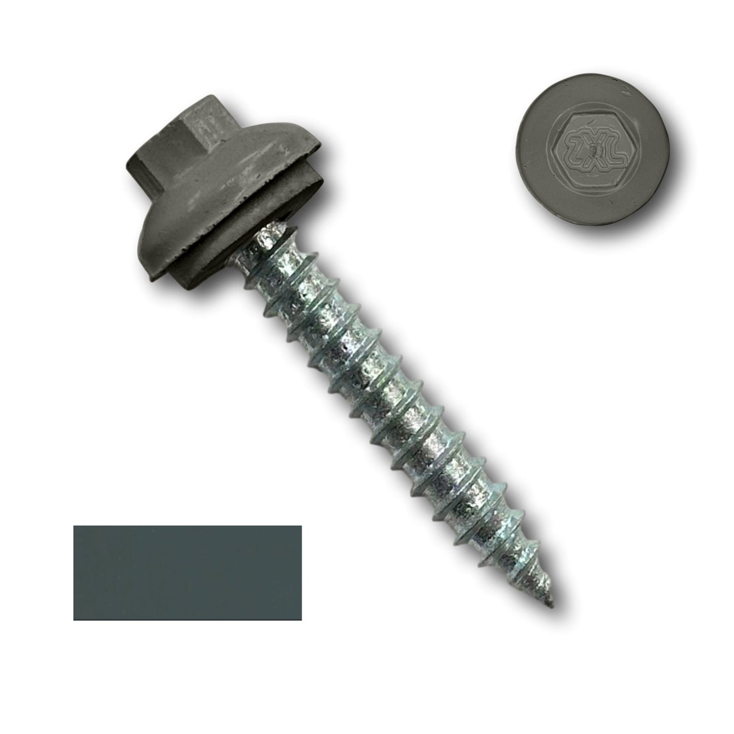 A close-up image of a metal screw with a hex head and a rubber washer, often used as metal-to-wood fasteners. Beside the screw is a small, round black rubber cap labeled #14 x 1.5" ZXL Dome Cap Metal Roofing Screw (Metal-to-Wood), High-Quality - 250 Pack by Perma Cover. A rectangular black color sample is displayed at the bottom left corner of the image.