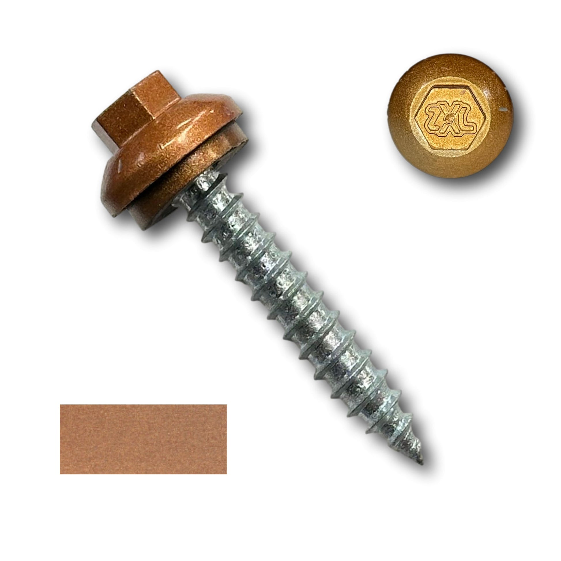 Close-up of a brown, hex head roofing screw with a washer. The screw features a coarse thread and a hexagonal imprint on top, ideal for metal-to-wood applications. A small color swatch of the brown coating is displayed to indicate the screw's color. Introducing the Perma Cover #14 x 1.5" ZXL Dome Cap Metal Roofing Screw (Metal-to-Wood), High-Quality - 250 Pack.