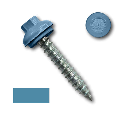 Close-up image of a metal roofing screw with a blue hexagonal head and washer. Above the screw, there is a detached washer with an embossed logo. A small blue color sample patch is visible in the bottom left corner. The #14 x 1.5" ZXL Dome Cap Metal Roofing Screw (Metal-to-Wood), High-Quality - 250 Pack by Perma Cover highlights its robust design for metal-to-wood applications. The background is white.
