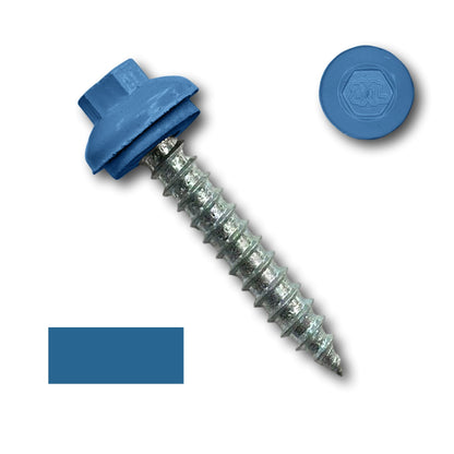 A Perma Cover #14 x 1.5" ZXL Dome Cap Metal Roofing Screw (Metal-to-Wood), High-Quality - 250 Pack with a blue hexagonal head and a matching blue washer. The 5/16" ZXL Dome Cap head is embossed with a pattern. Near the screw, there is a separate image of the blue hexagonal head viewed from the top, and a blue color swatch.