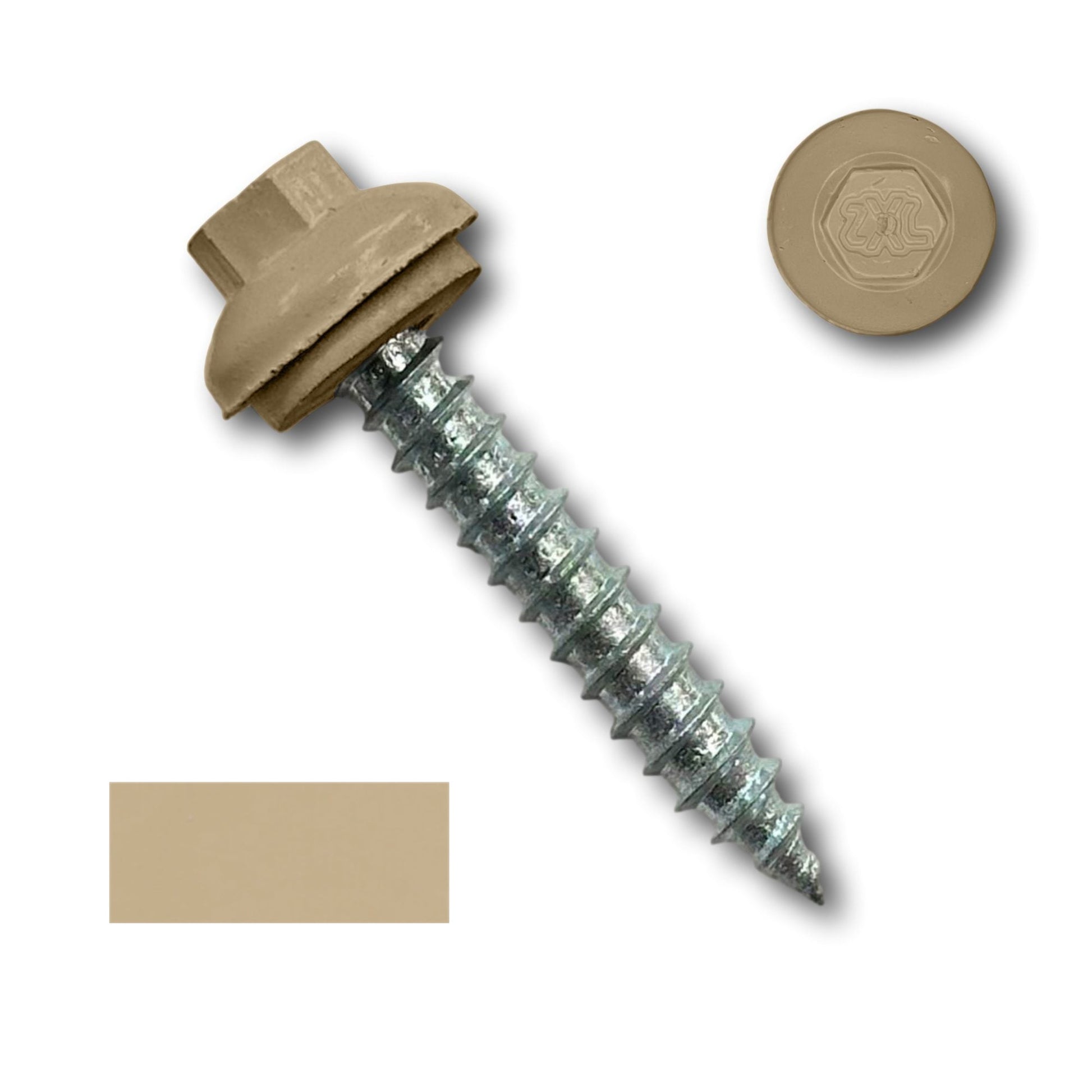 A close-up image of a beige hex head screw with a washer, featuring a spiral-threaded metal body, ideal for metal roofing screws. The #14 x 1.5" ZXL Dome Cap Metal Roofing Screw (Metal-to-Wood), High-Quality - 250 Pack from Perma Cover is illustrated in detail in a smaller, separate circular section. A rectangular beige color swatch is also displayed below the screw.