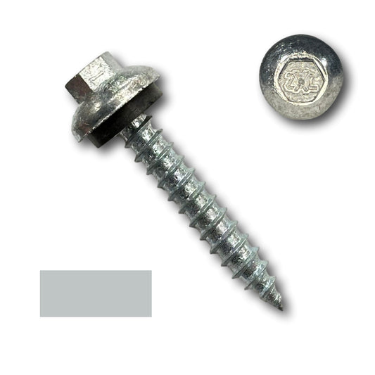 A close-up of a hex washer head self-drilling screw with a sharp pointed tip and threaded body, ideal for metal-to-wood applications. The hex head is prominently featured with a built-in washer. A separate close-up of the #14 x 1.5" ZXL Dome Cap Metal Roofing Screw (Metal-to-Wood), High-Quality - 250 Pack from Perma Cover shows intricate design details.