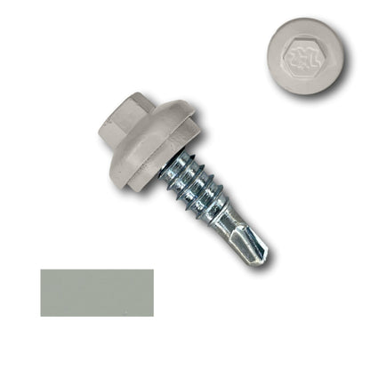 A Perma Cover #14 x 7/8" Stitch Lap ZXL Dome Cap Metal Building Screw with a gray cap and matching panel ensures secure fastening. It features a built-in washer, threaded shaft, and drilling tip at the end.