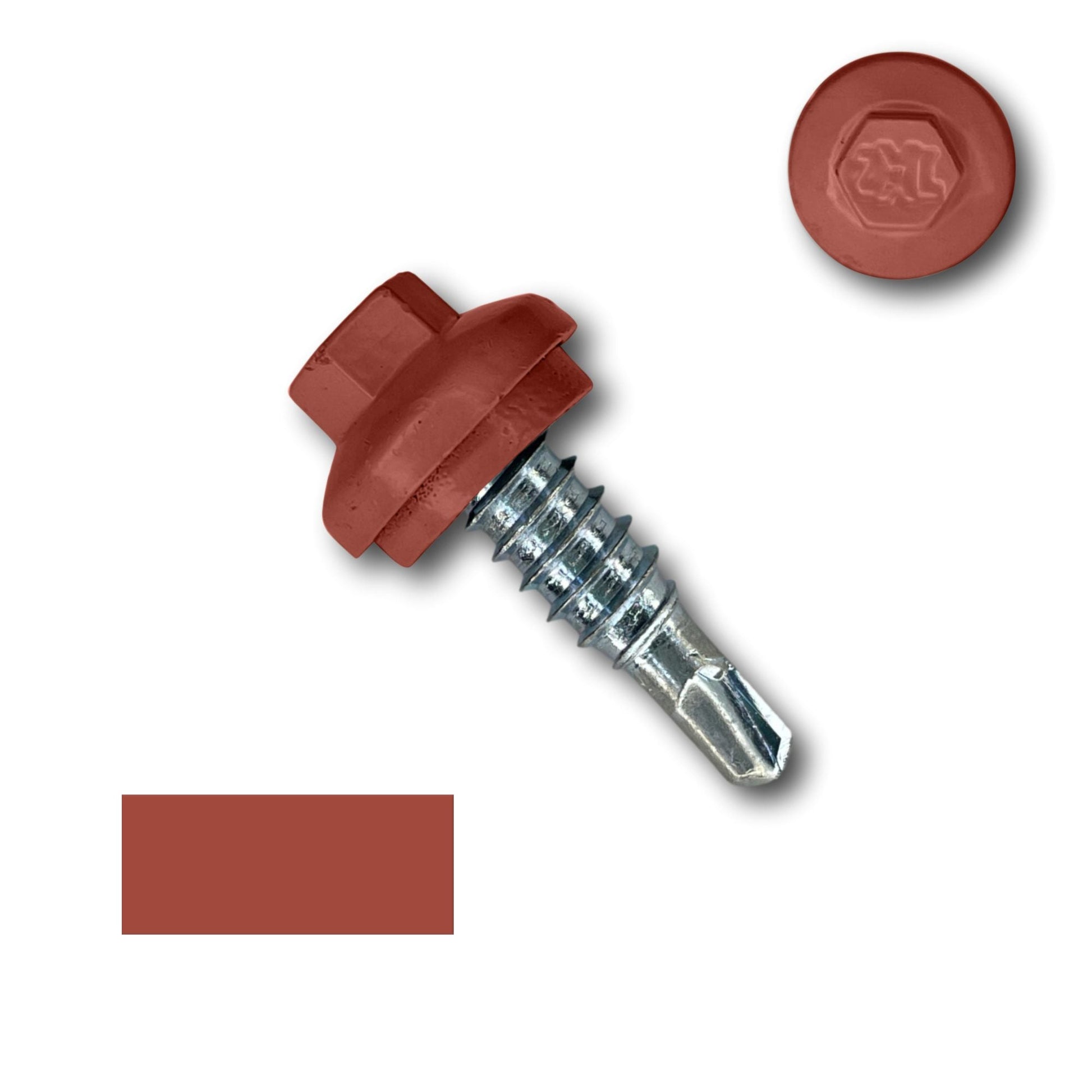 A close-up image of a red Perma Cover #14 x 7/8" Stitch Lap ZXL Dome Cap Metal Building Screws, Self-Drilling - 250 Pack with a matching red rubber washer and hex head cover. The screw has a metallic thread and a pointed tip at the end, ensuring secure fastening. A sample of the red color is displayed in a rectangular swatch below the screw.