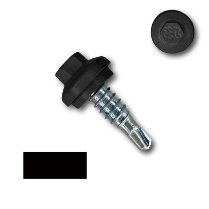 An image of Perma Cover's #14 x 7/8" Stitch Lap ZXL Dome Cap Metal Building Screws, Self-Drilling - 250 Pack with a black hexagonal head and metal threads. The screw, ideal for secure fastening, is positioned diagonally, with an additional close-up view of the head displayed in the top right corner.