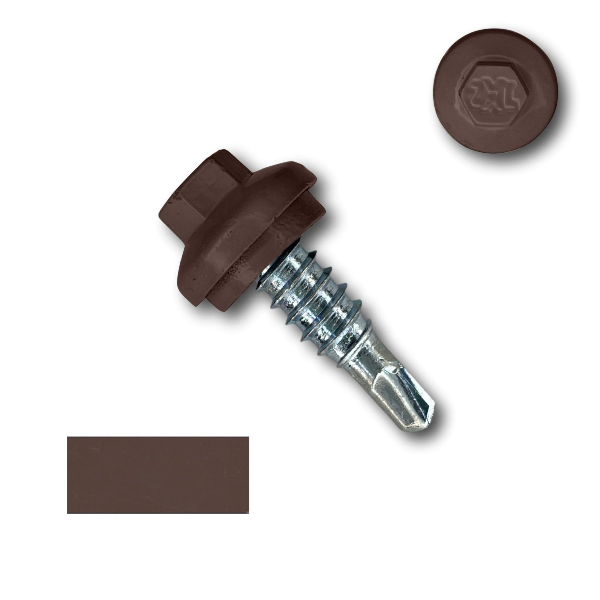 Close-up image of a Perma Cover #14 x 7/8" Stitch Lap ZXL Dome Cap Metal Building Screw, Self-Drilling - 250 Pack. The screw, ideal for secure fastening, features a shiny metallic thread. Also displayed are a brown cap that fits over the head of the screw and a rectangular brown color sample matching the screw head.