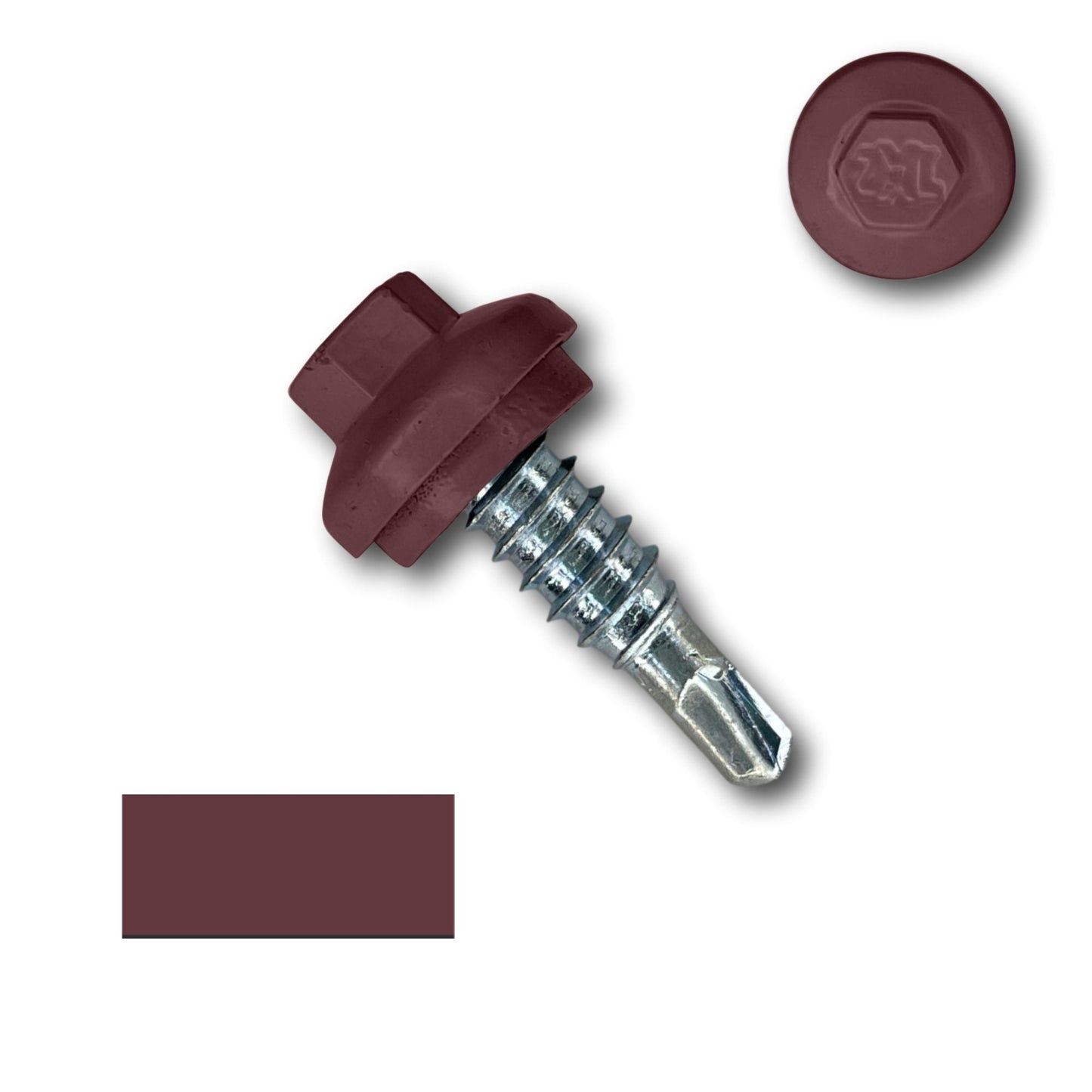 A self-drilling screw with a maroon hexagonal head and a metal threaded shaft is shown. Included are a swatch of maroon color and a close-up of the head, displaying a hexagonal imprint pattern. Ideal for secure fastening, this #14 x 7/8" Stitch Lap ZXL Dome Cap Metal Building Screws, Self-Drilling - 250 Pack by Perma Cover ensures reliability in your projects.