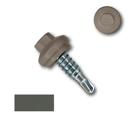 A close-up image of a hex head self-drilling screw with a washer and seal. The screw is metallic with a beige hexagonal head, washer, and seal. The bottom portion is a drill bit tip, and a #14 x 7/8" Stitch Lap ZXL Dome Cap Metal Building Screws, Self-Drilling - 250 Pack by Perma Cover along with a color sample are displayed alongside the screw for secure fastening.