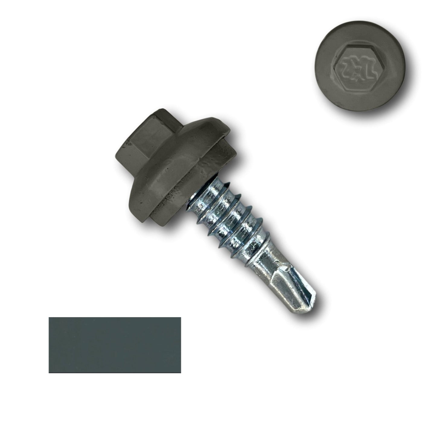 An image of a Perma Cover #14 x 7/8" Stitch Lap ZXL Dome Cap Metal Building Screws, Self-Drilling - 250 Pack with a hexagonal head and attached washer, designed for secure fastening, next to a matching gray ZXL Dome Cap Head. A rectangular sample of the gray color is also shown below the screw and cap.