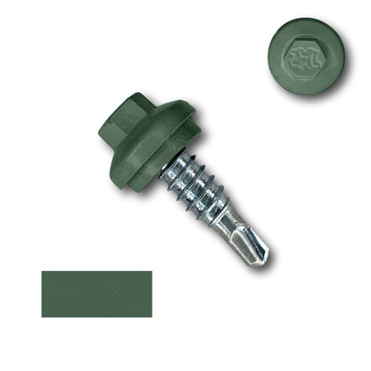 A close-up image of a green hex head self-drilling screw with washer. The screw's sharp point is visible. An additional perspective of the head and a rectangular color swatch matching the screw's head are shown separately, highlighting its secure fastening properties ideal for #14 x 7/8" Stitch Lap ZXL Dome Cap Metal Building Screws, Self-Drilling - 250 Pack by Perma Cover applications.
