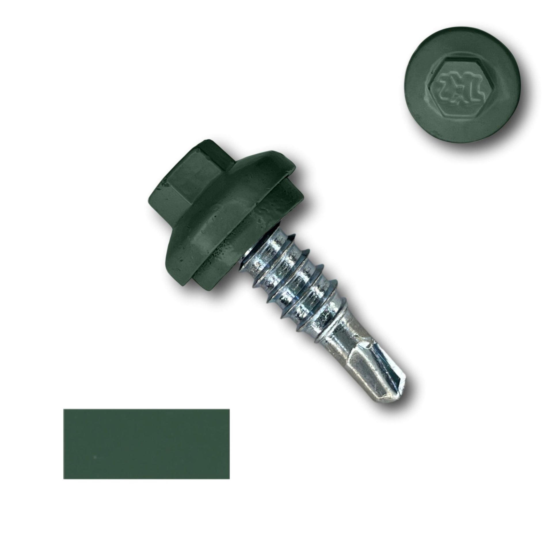 A green #14 x 7/8" Stitch Lap ZXL Dome Cap Metal Building Screws, Self-Drilling - 250 Pack by Perma Cover with a hexagonal head and sealing washer, perfect for secure fastening, is shown. The image includes a top view circle of the head, a side view of the screw, and a rectangular color swatch matching the ZXL Dome Cap Head.