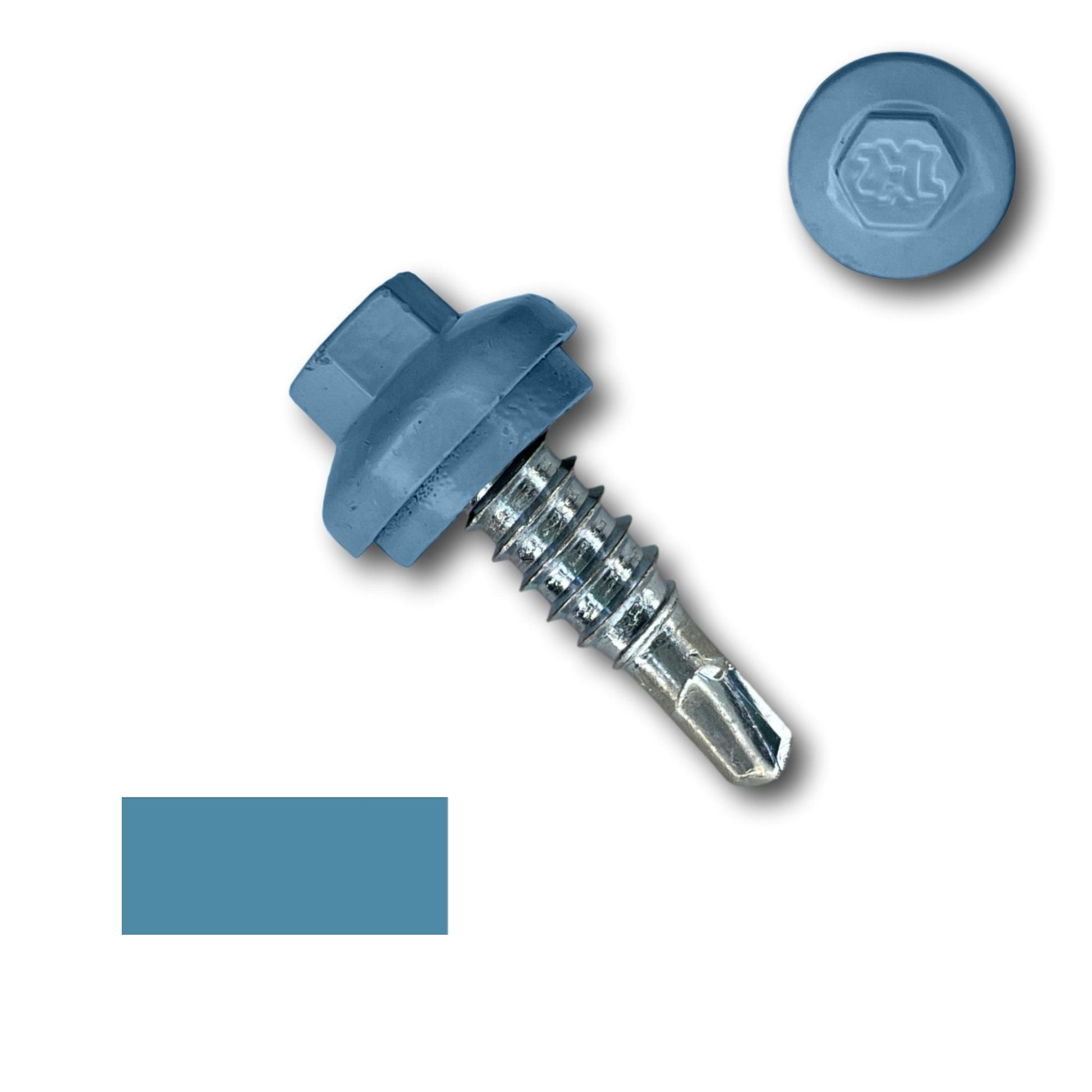 A close-up view of a blue hex washer head self-drilling screw with serrations on the threads, perfect for secure fastening. An identical head is shown separately above it. A solid blue color square is displayed below the screw to highlight its design. The product shown is the Perma Cover #14 x 7/8" Stitch Lap ZXL Dome Cap Metal Building Screws, Self-Drilling - 250 Pack.