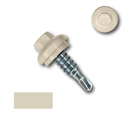 A Perma Cover #14 x 7/8" Stitch Lap ZXL Dome Cap Metal Building Screw, Self-Drilling - 250 Pack with a beige hexagonal ZXL Dome Cap Head and washer. The screw is shown at an angle, with a separate close-up of the head visible above it. Additionally, a rectangular beige color swatch is displayed in the bottom left corner, ensuring secure fastening.
