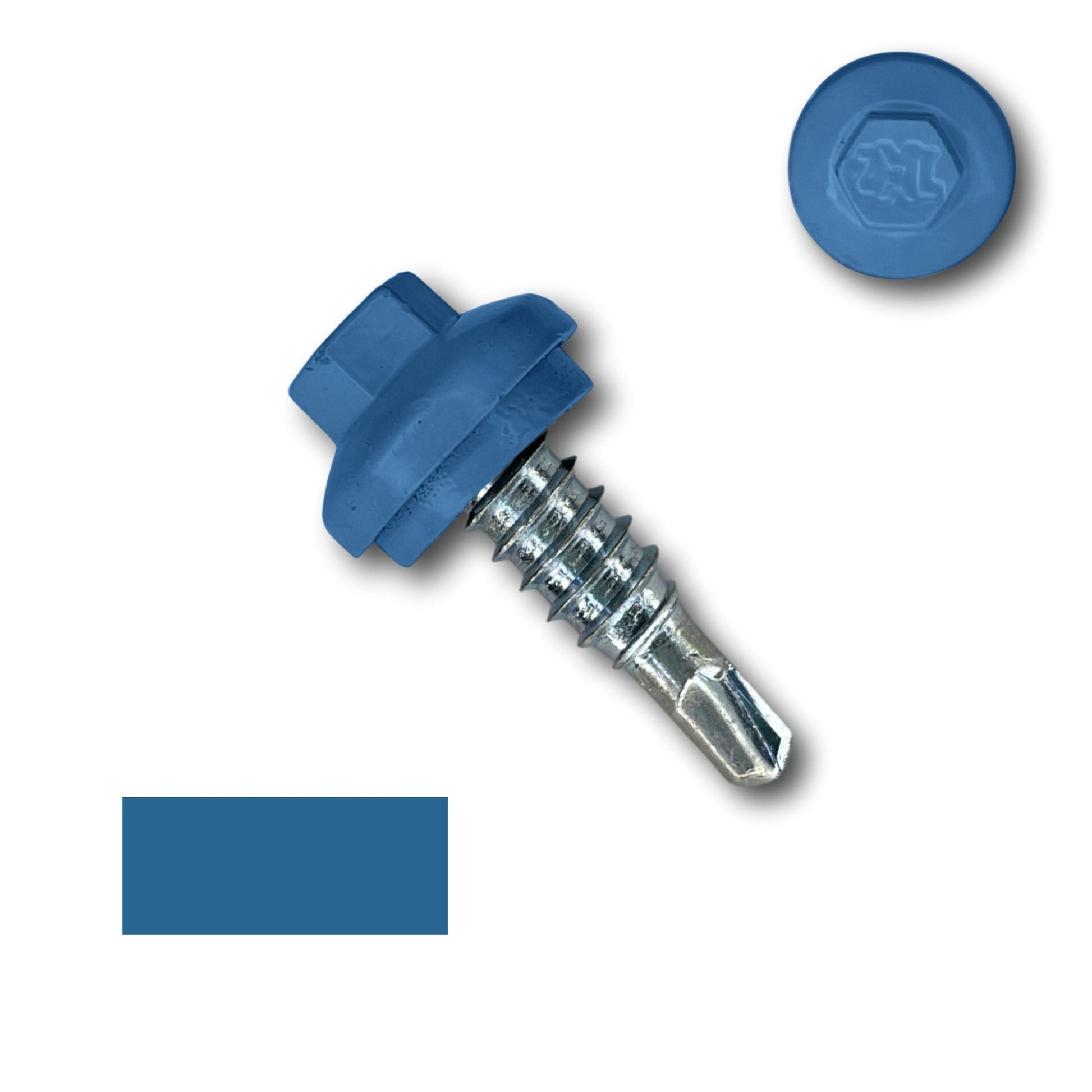An image showing a blue hex head self-drilling screw with its washer. The head and washer are displayed separately next to the screw. There is also a blue rectangle color swatch placed near the screw components, highlighting secure fastening for various applications using Perma Cover #14 x 7/8" Stitch Lap ZXL Dome Cap Metal Building Screws, Self-Drilling - 250 Pack.